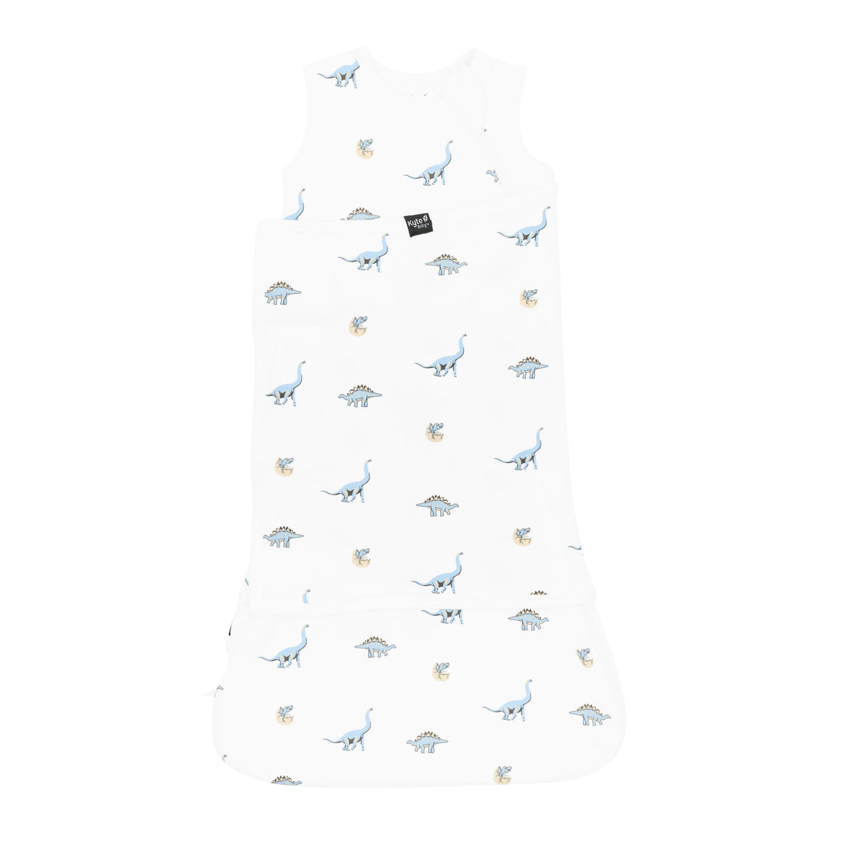 Sleep Bag Swaddler in Jurassic 1.0 shown swaddled with the Black Kyte baby tag visible