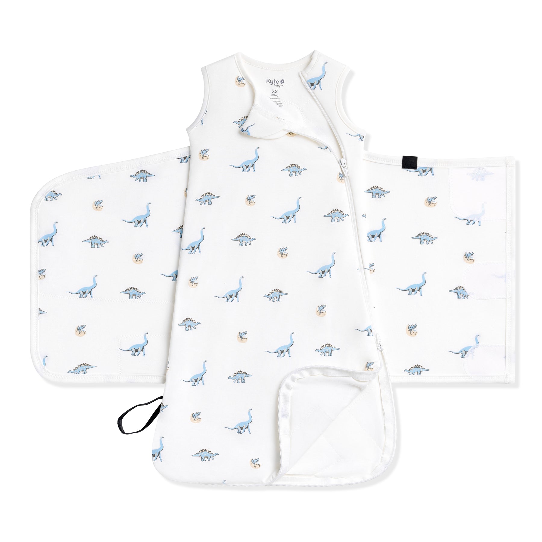 Double zipper and zipper garage shown on an unswaddled Sleep Bag Swaddler in Jurassic 1.0