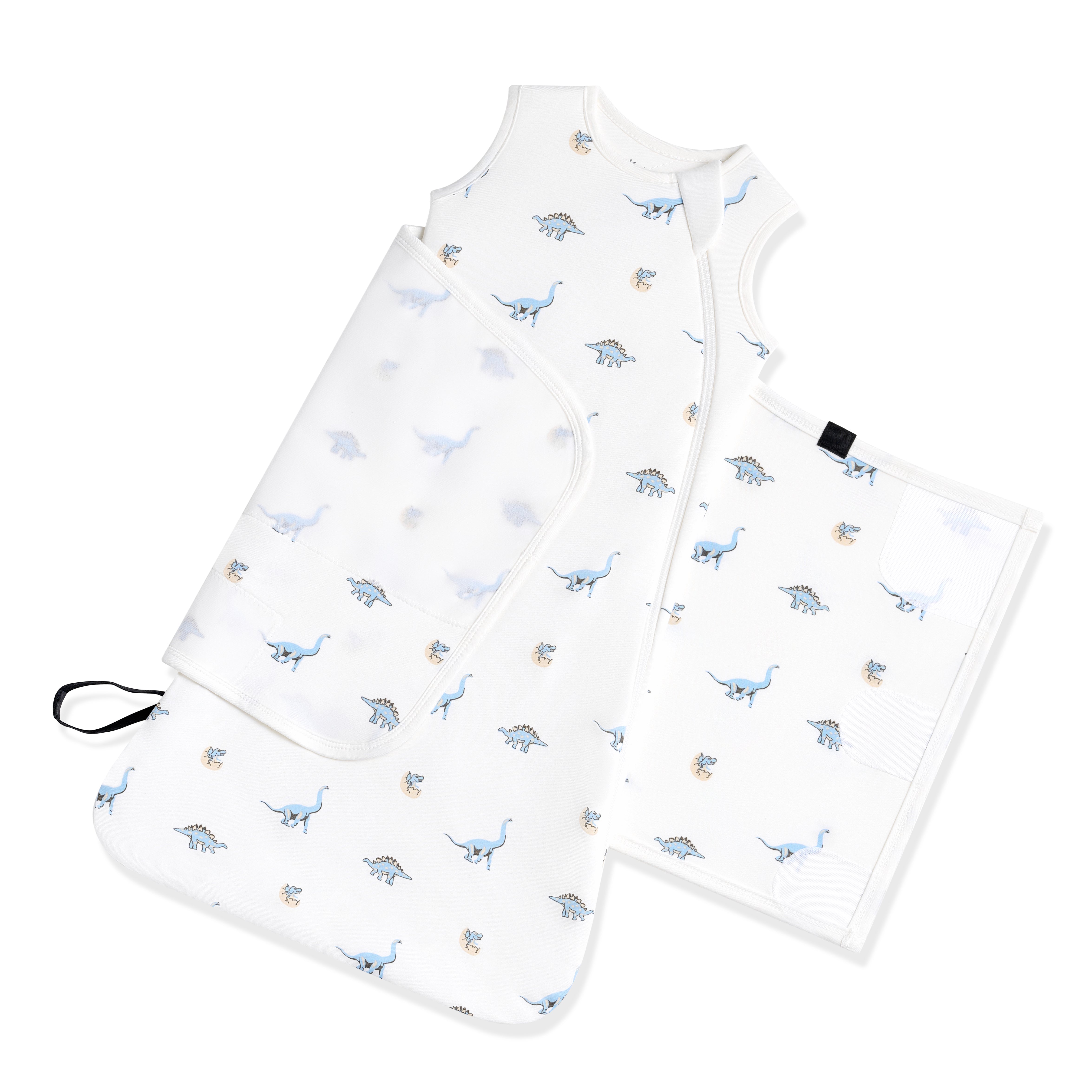 Adjustable swaddle wrap shown on a Sleep Bag Swaddler in Jurassic 1.0
