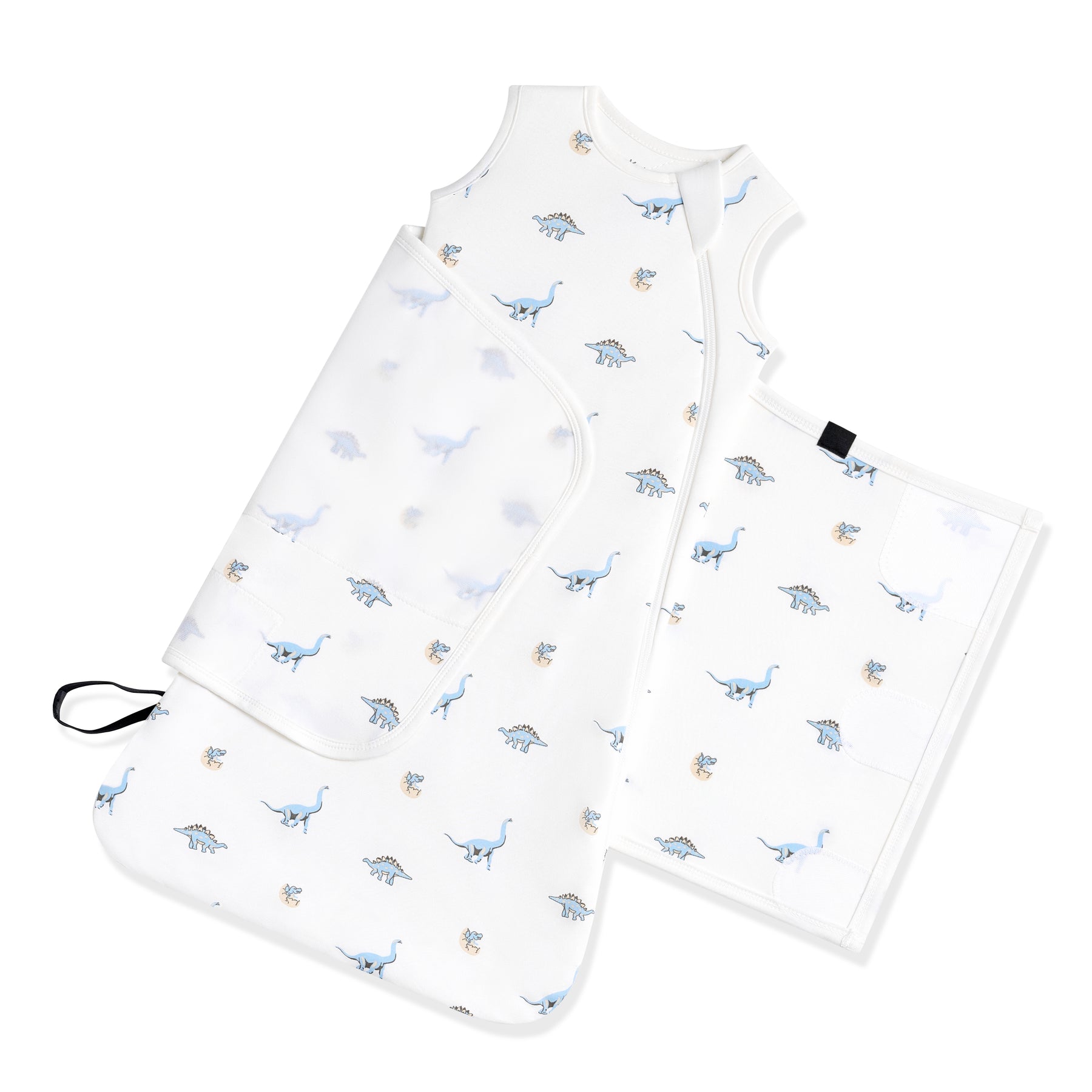 Adjustable swaddle wrap shown on a Sleep Bag Swaddler in Jurassic 1.0