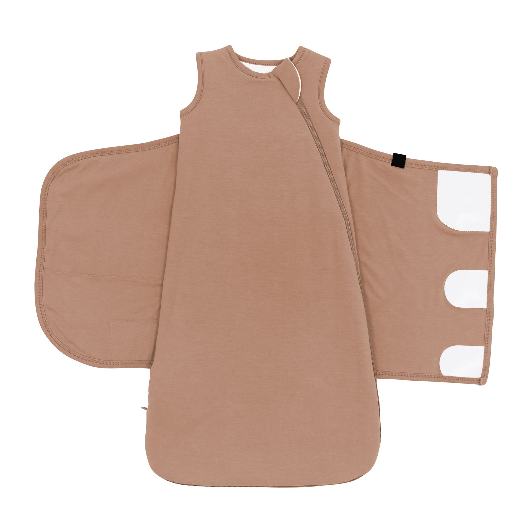 Adjustable velcro on an unswaddled Sleep Bag Swaddler in Latte 1.0