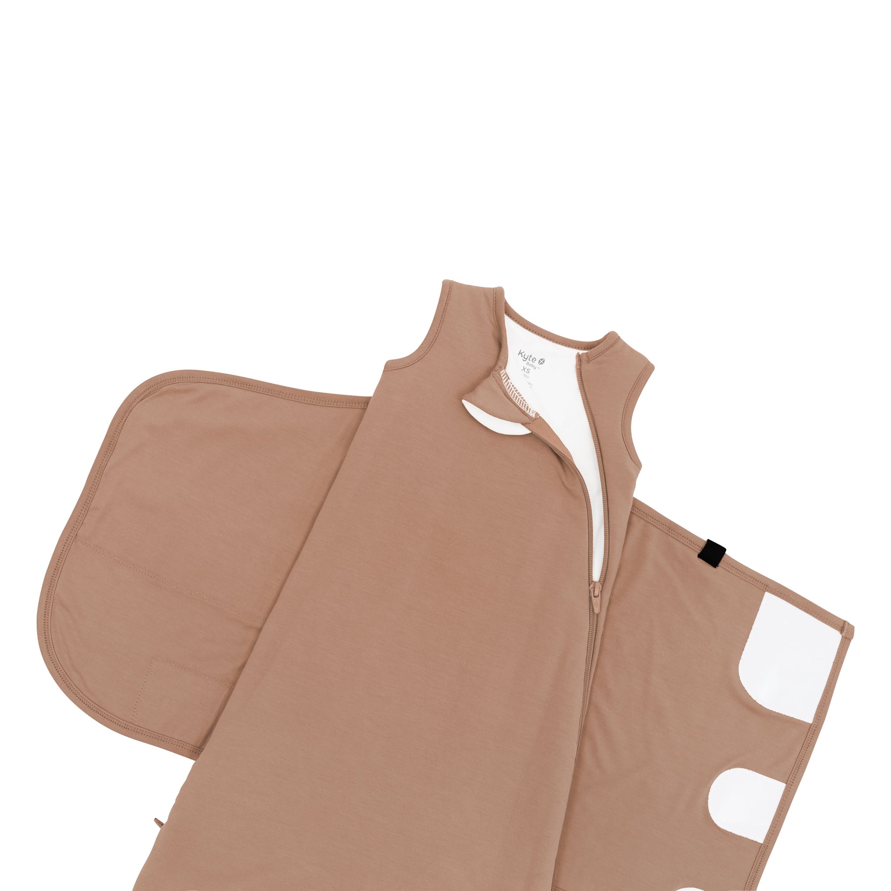 Zipper garage and top zipper on an unswaddled Sleep Bag Swaddler in Latte 1.0