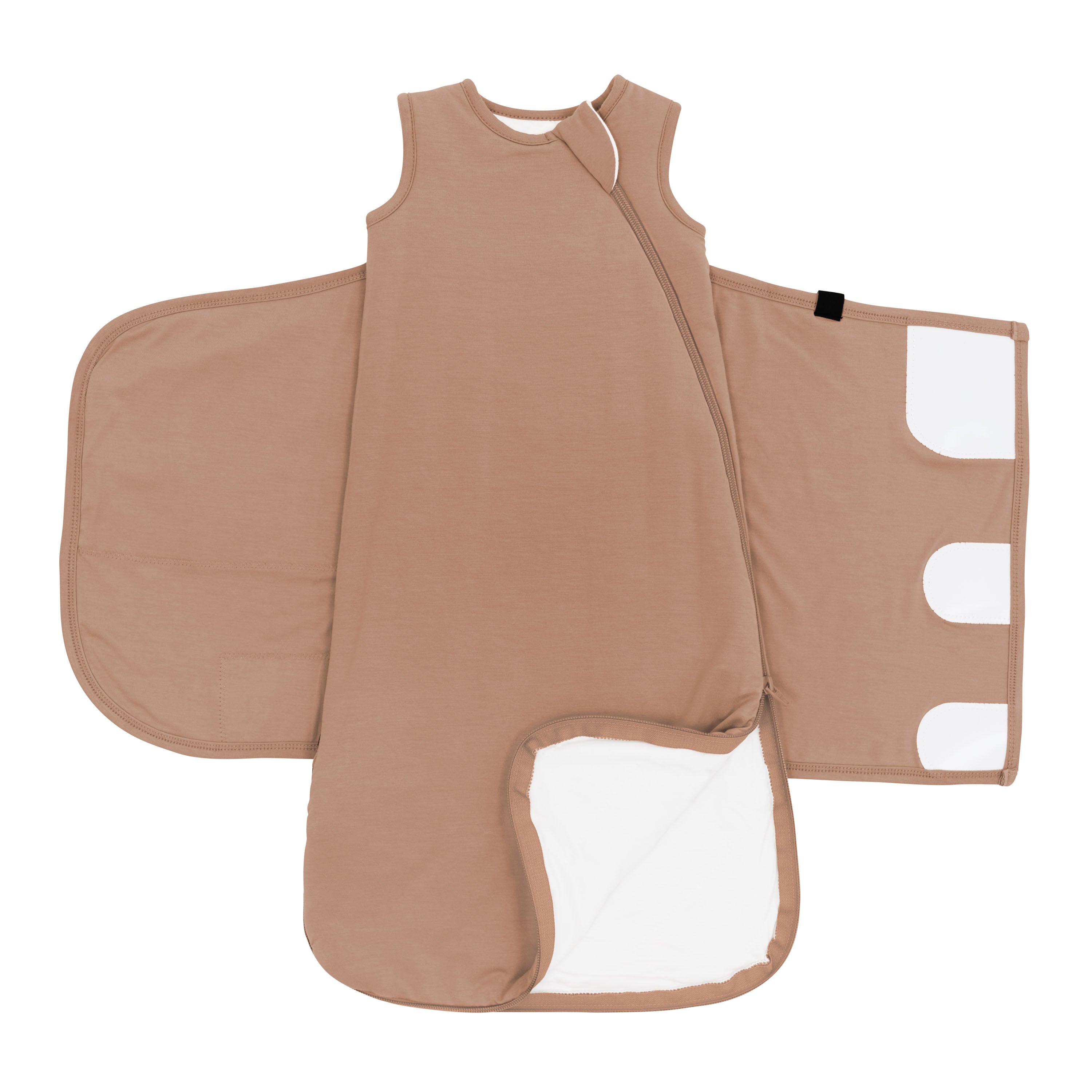 Double zipper shown on an unswaddled Sleep Bag Swaddler in Latte 1.0