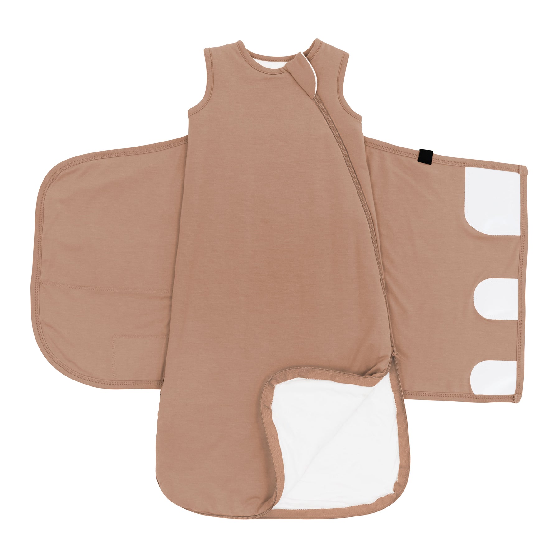 Double zipper shown on an unswaddled Sleep Bag Swaddler in Latte 1.0