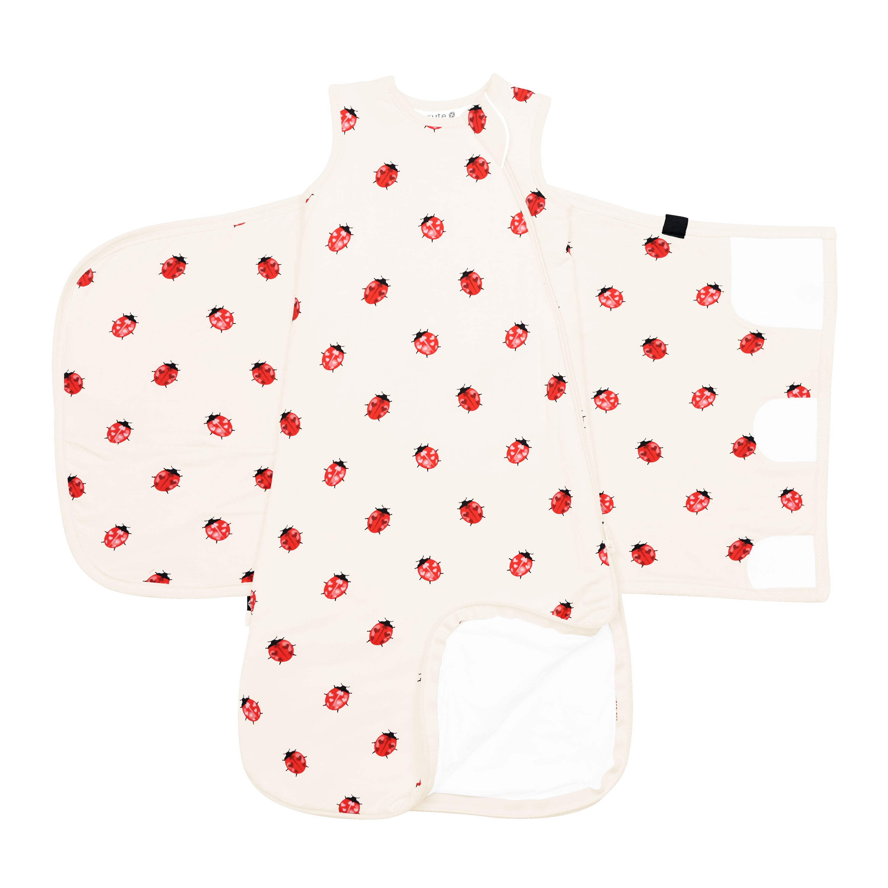 Product photo of sleep bag swaddler in love bug showing swaddling fabric open and bottom unzipped