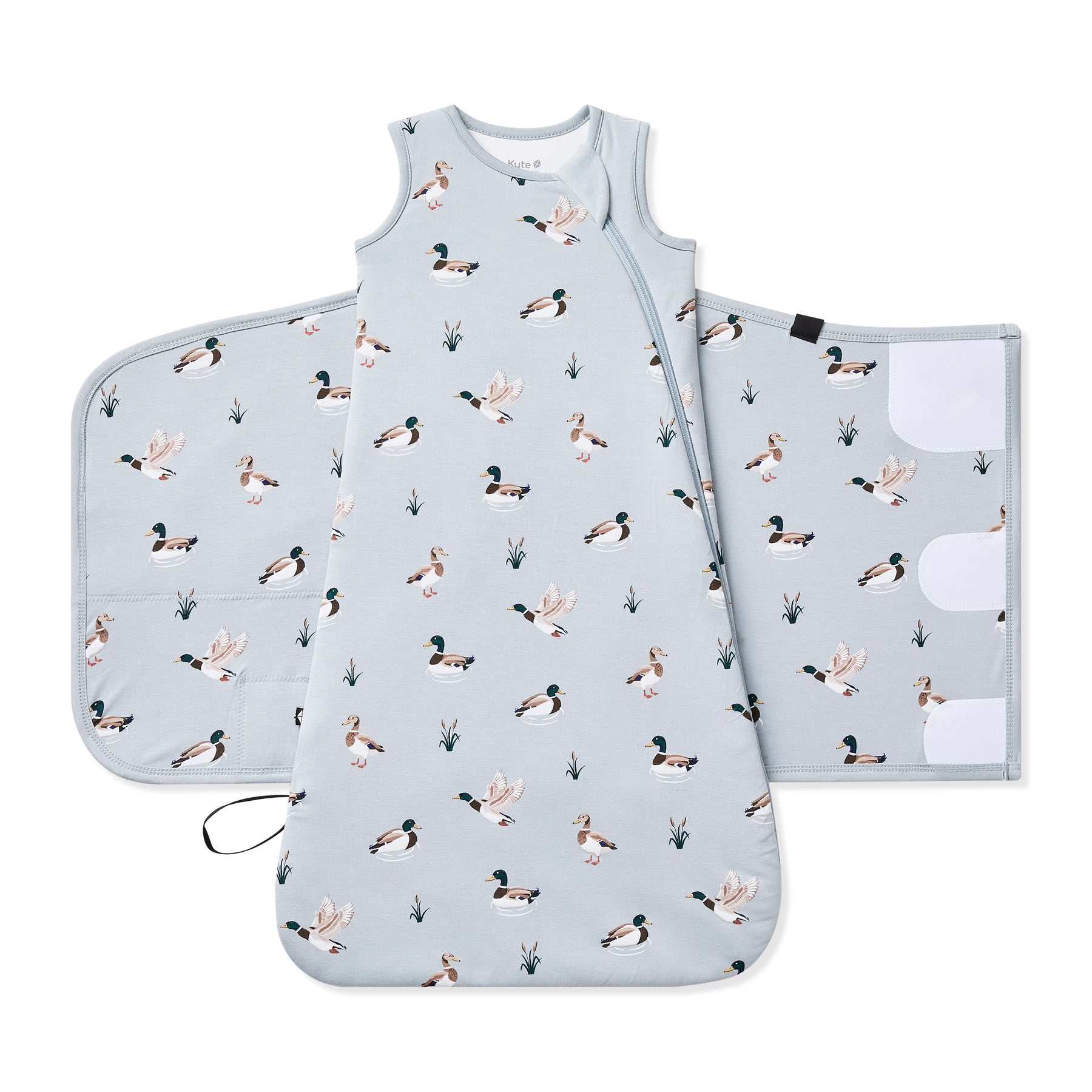 Sleep Bag Swaddler in Mallard Duck 1.0 shown unswaddled