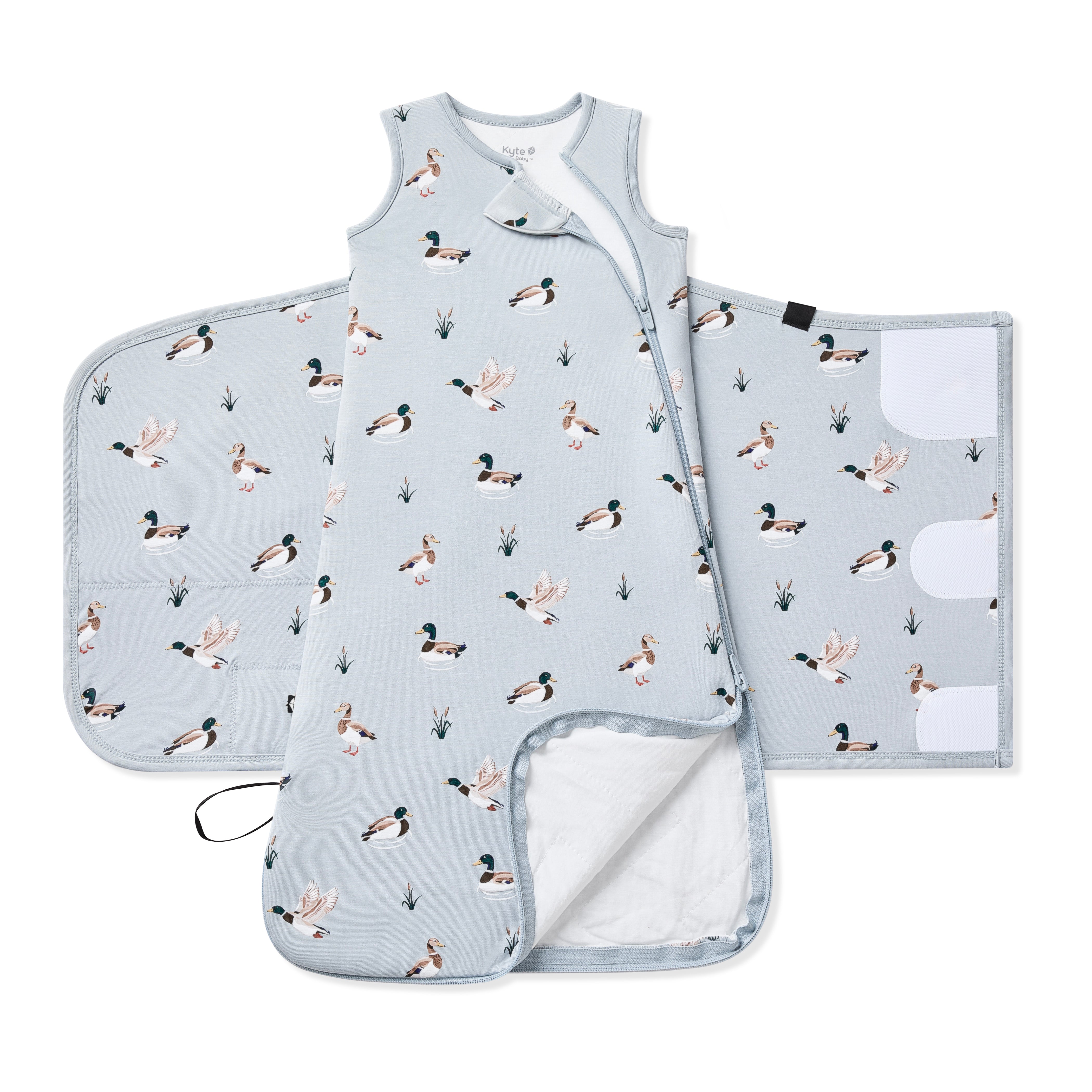 Double zipper shown on an unswaddled Sleep Bag Swaddler in Mallard Duck 1.0