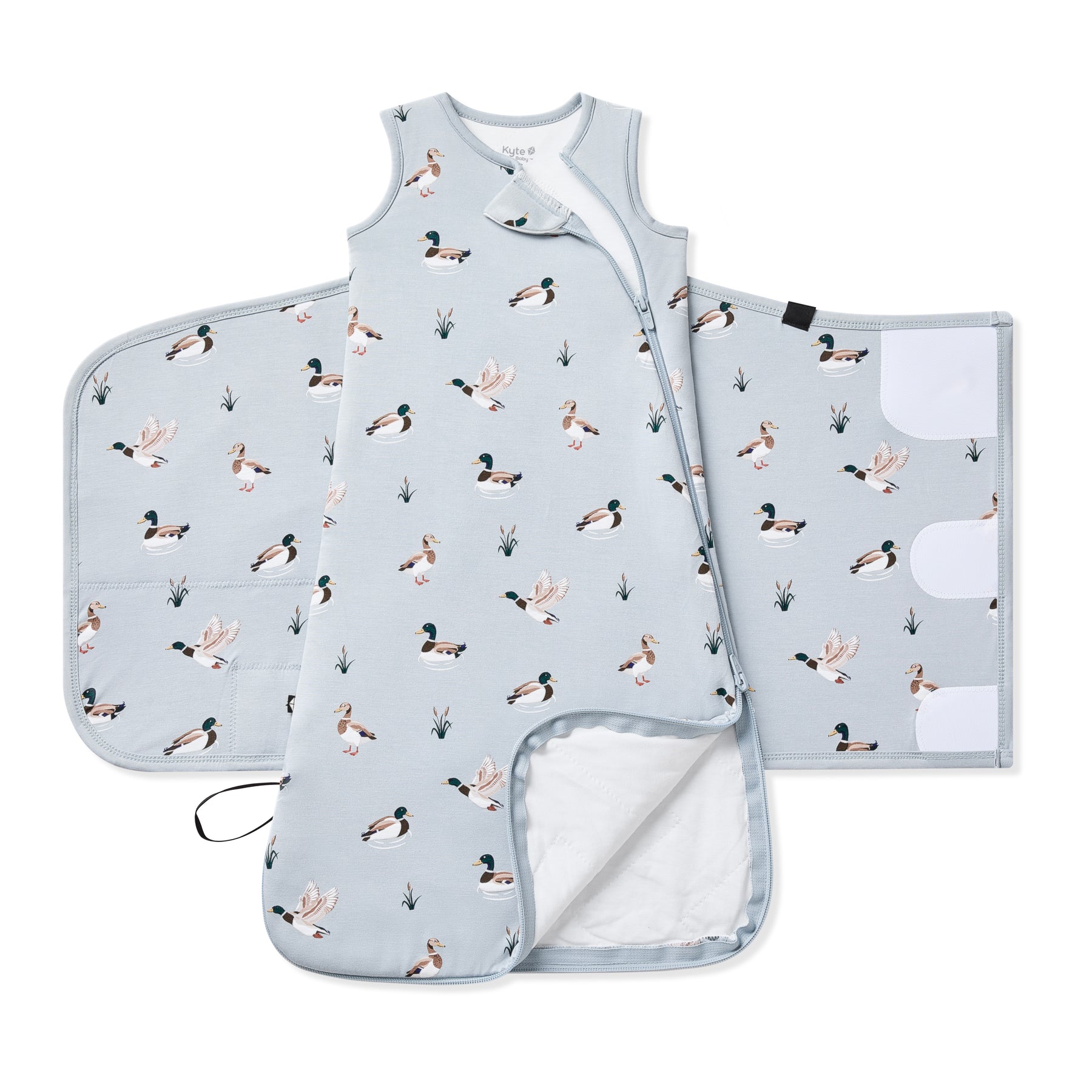 Double zipper shown on an unswaddled Sleep Bag Swaddler in Mallard Duck 1.0