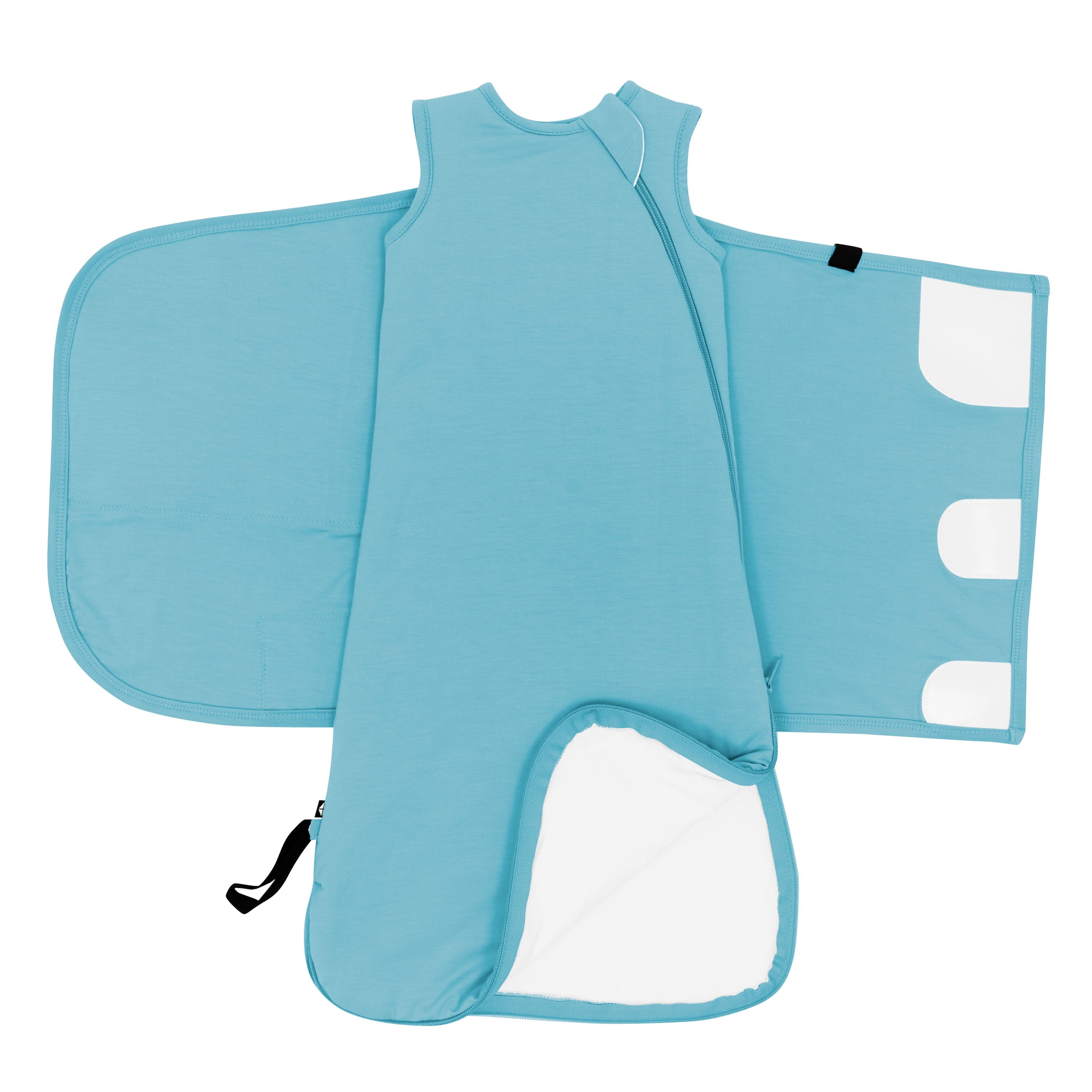 Kyte Baby Sleep Bag Swaddler in Makai shown unswaddled and bottom unzipped