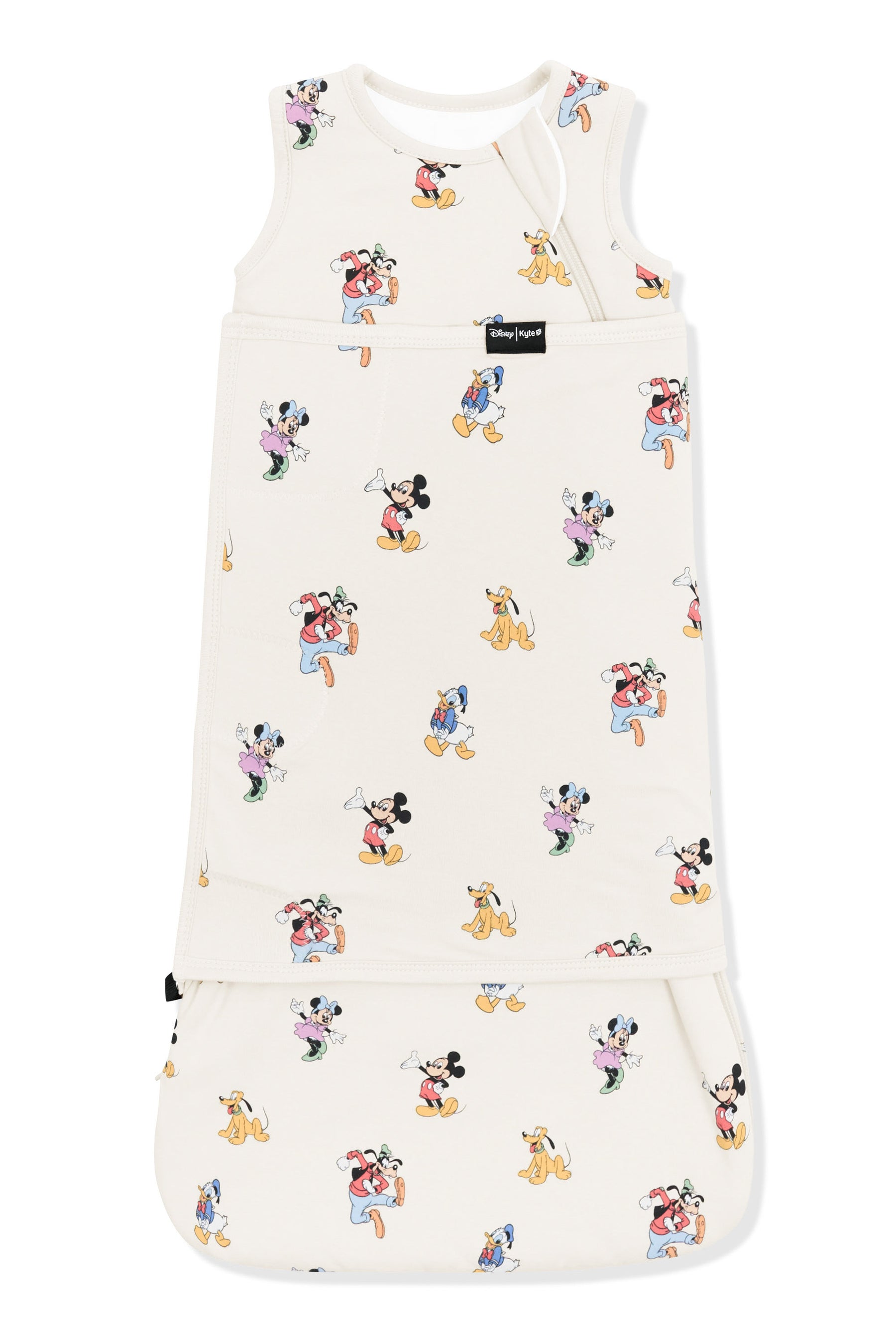Sleep Bag Swaddler with Mickey Mouse and Friends print on an oat background