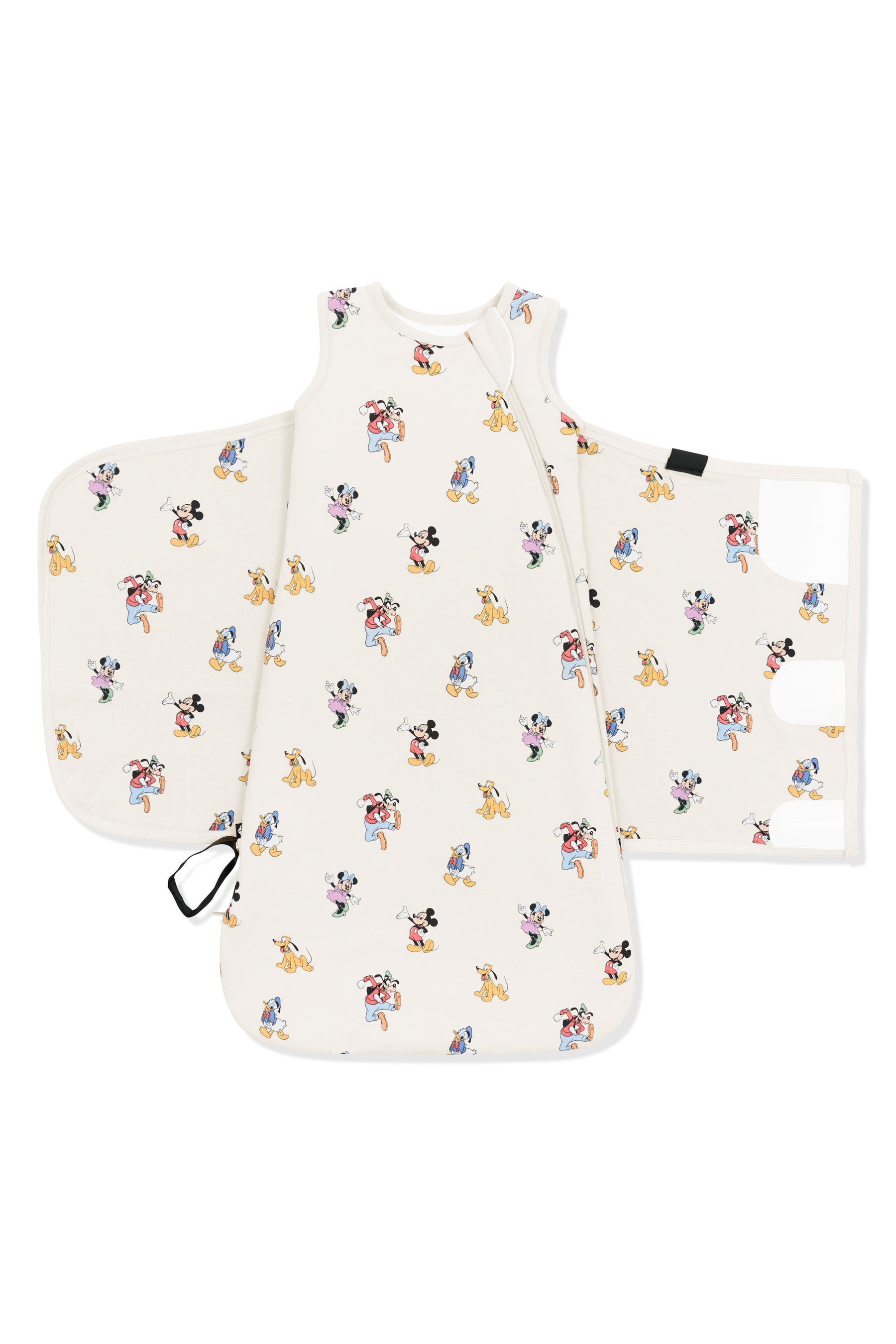 Front of Sleep Bag Swaddler in Mickey Mouse and Friends print on an oat background