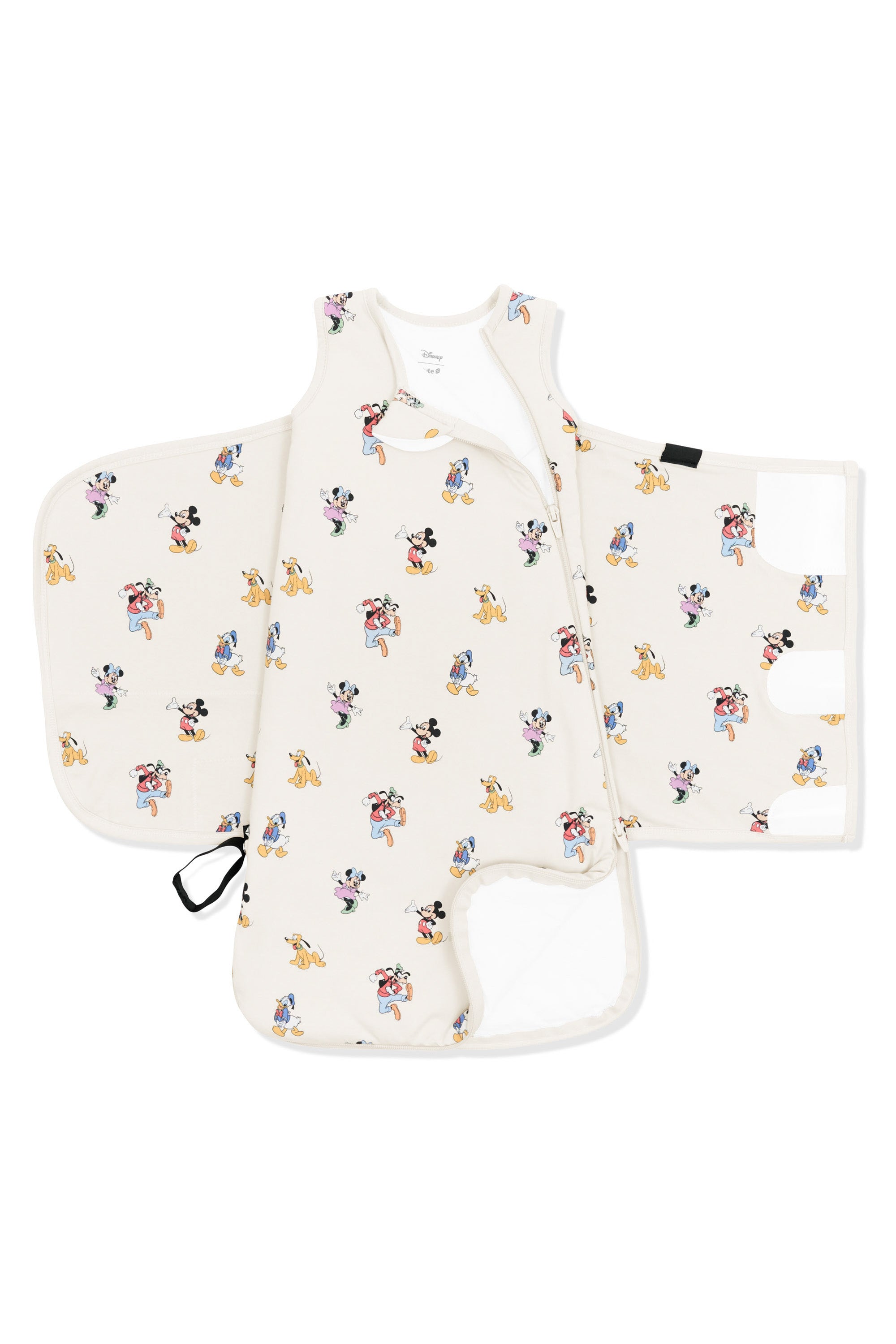 Zipper of Sleep Bag Swaddler in Mickey Mouse and Friends print on an oat background