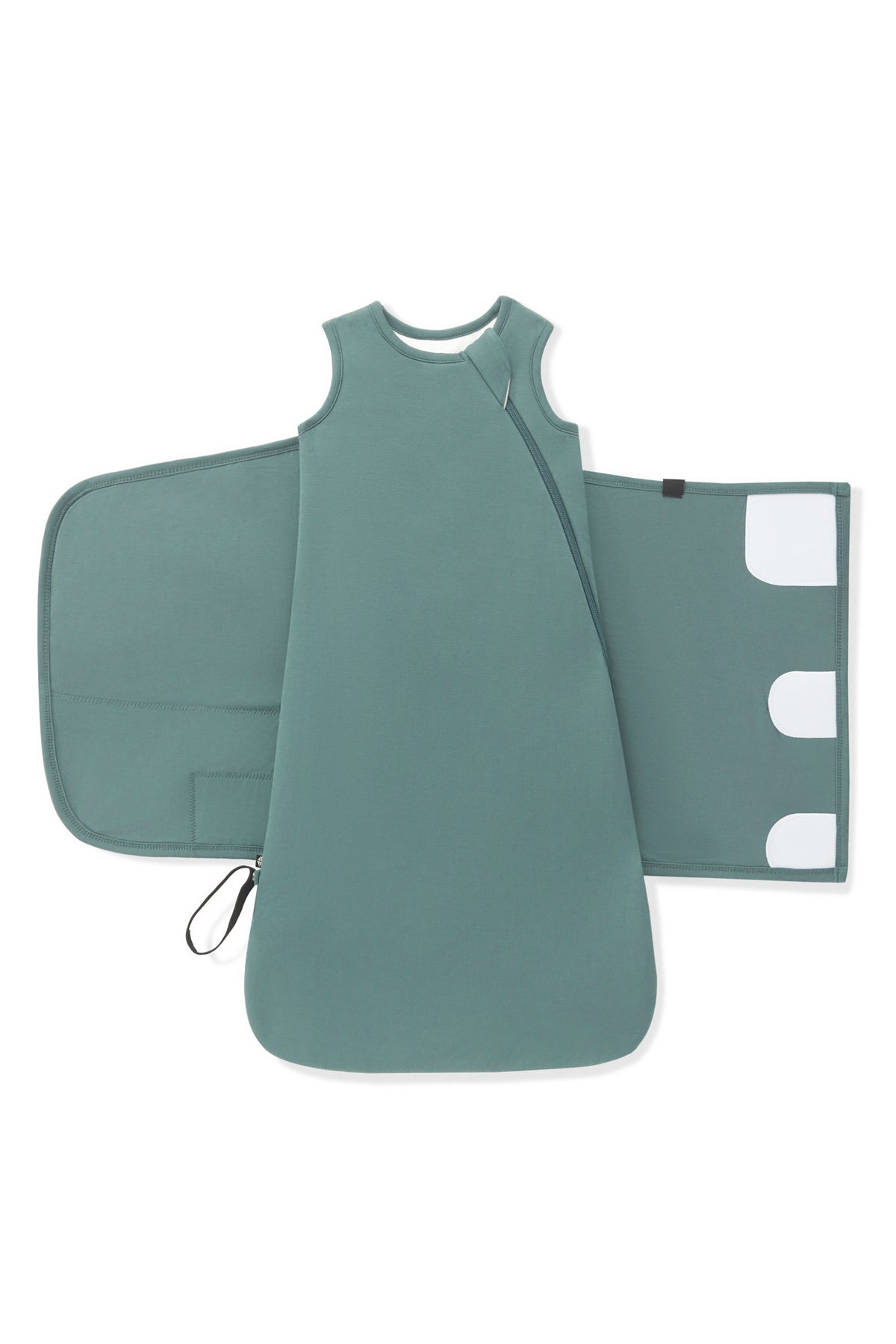 Black Sleep Bag Swaddler in Pine 1.0 shown unswaddled on a white background