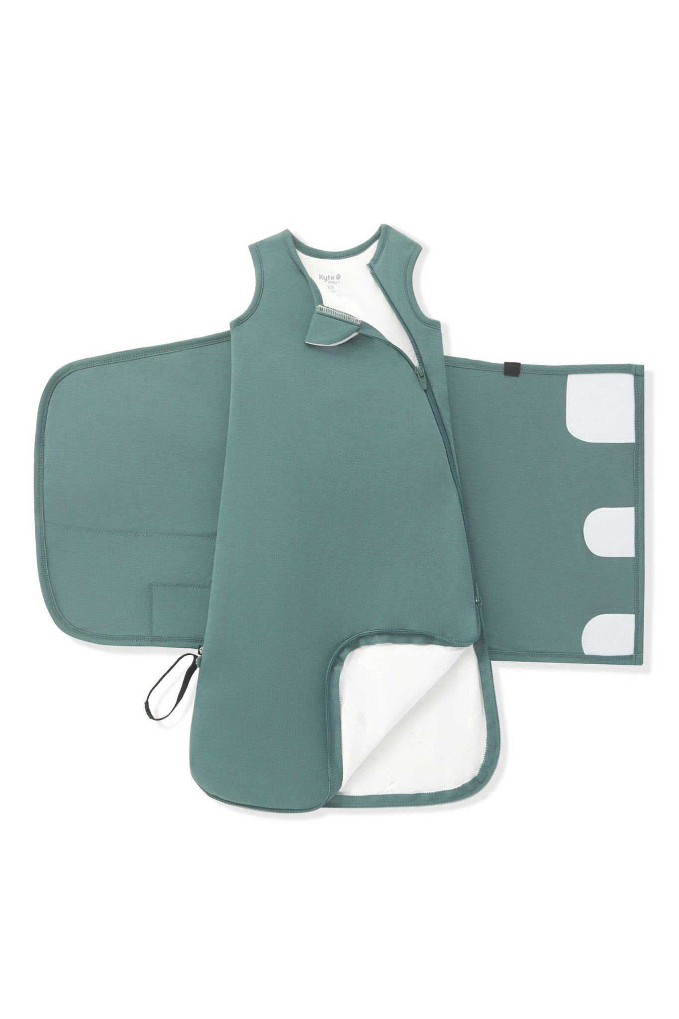 Double zipper shown on an unswaddled Black Sleep Bag Swaddler in Pine 1.0 on a white background