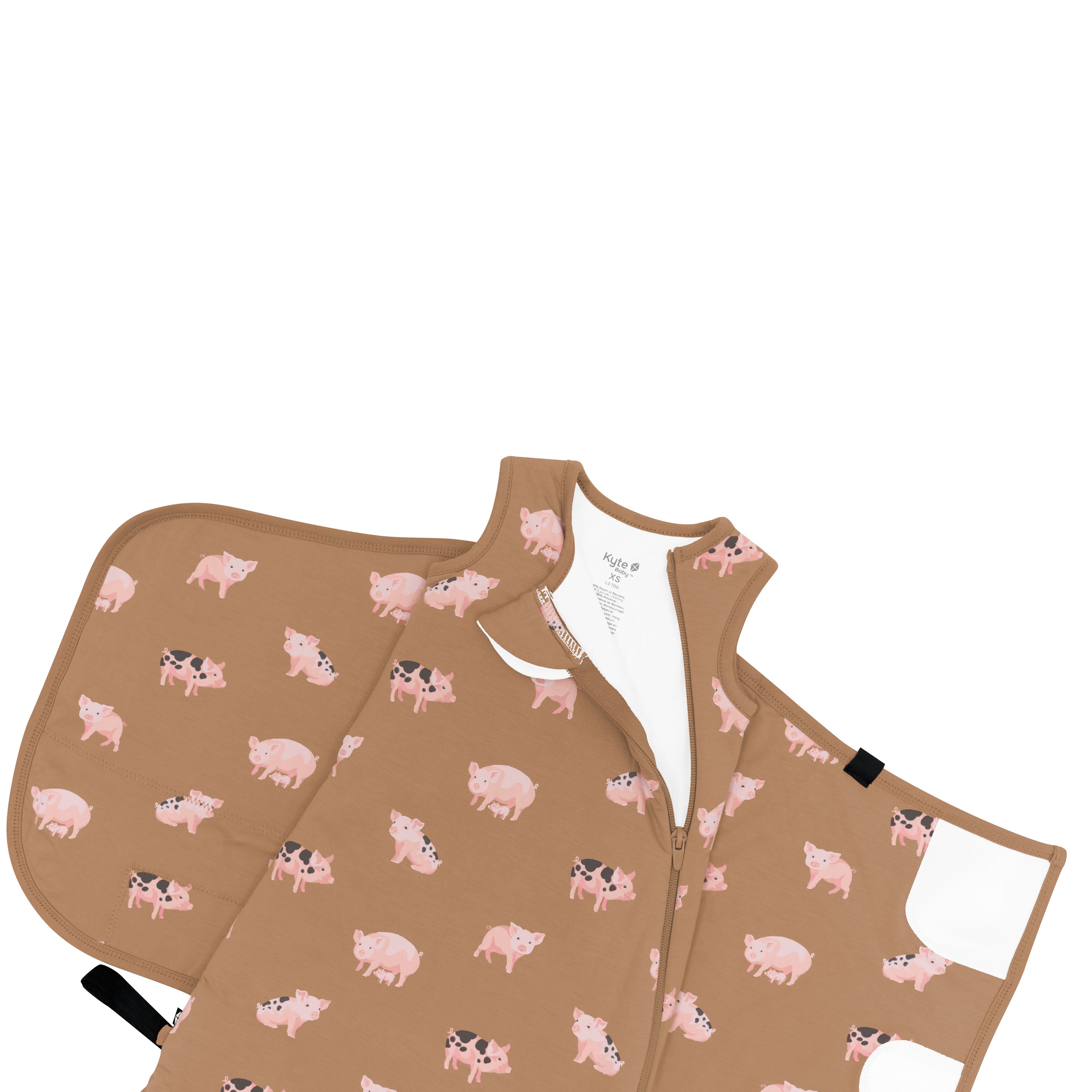 Zipper garage and top zipper shown on the Sleep Bag Swaddler in Pig 1.0