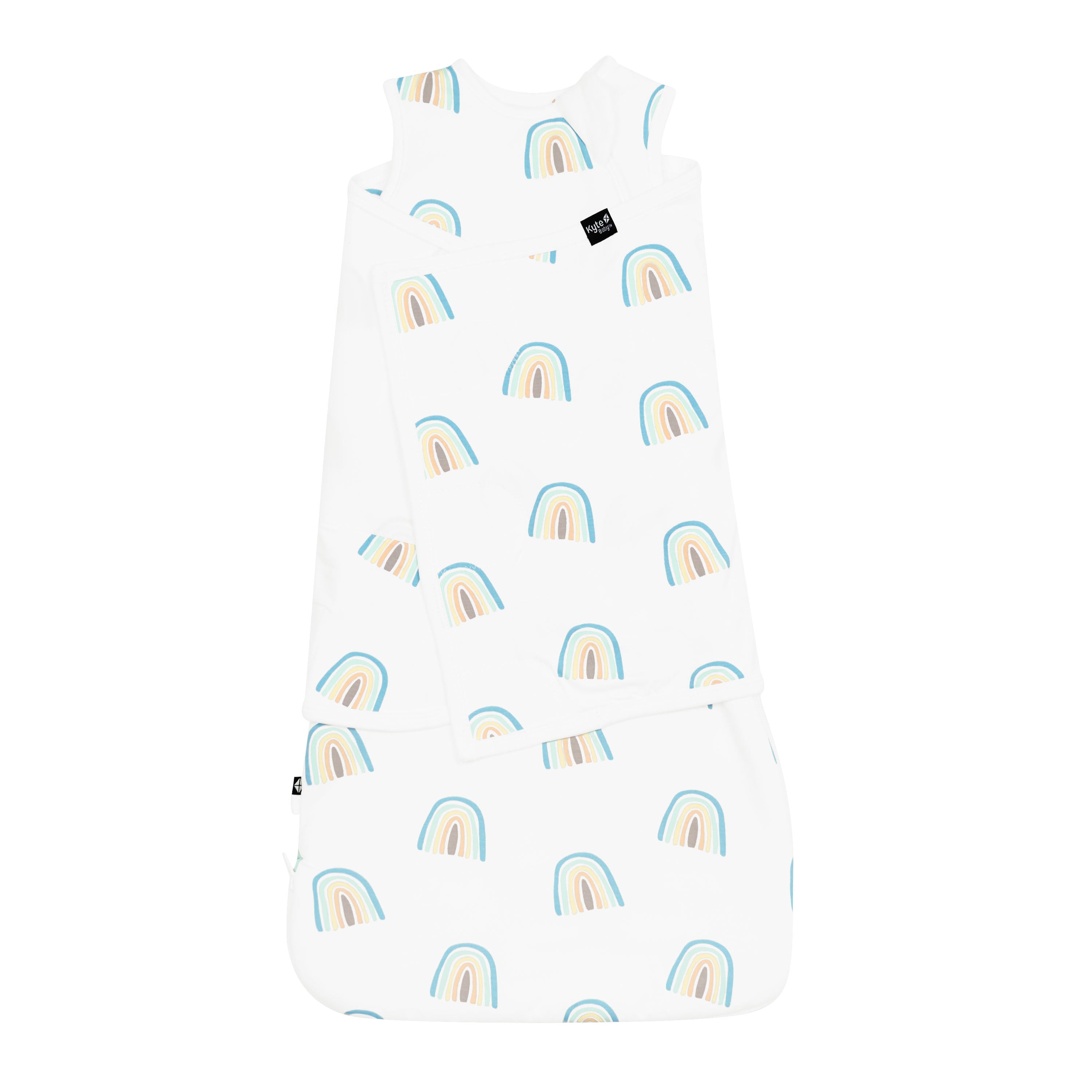 Sleep Bag Swaddler in Makai Rainbow 1.0 shown swaddled