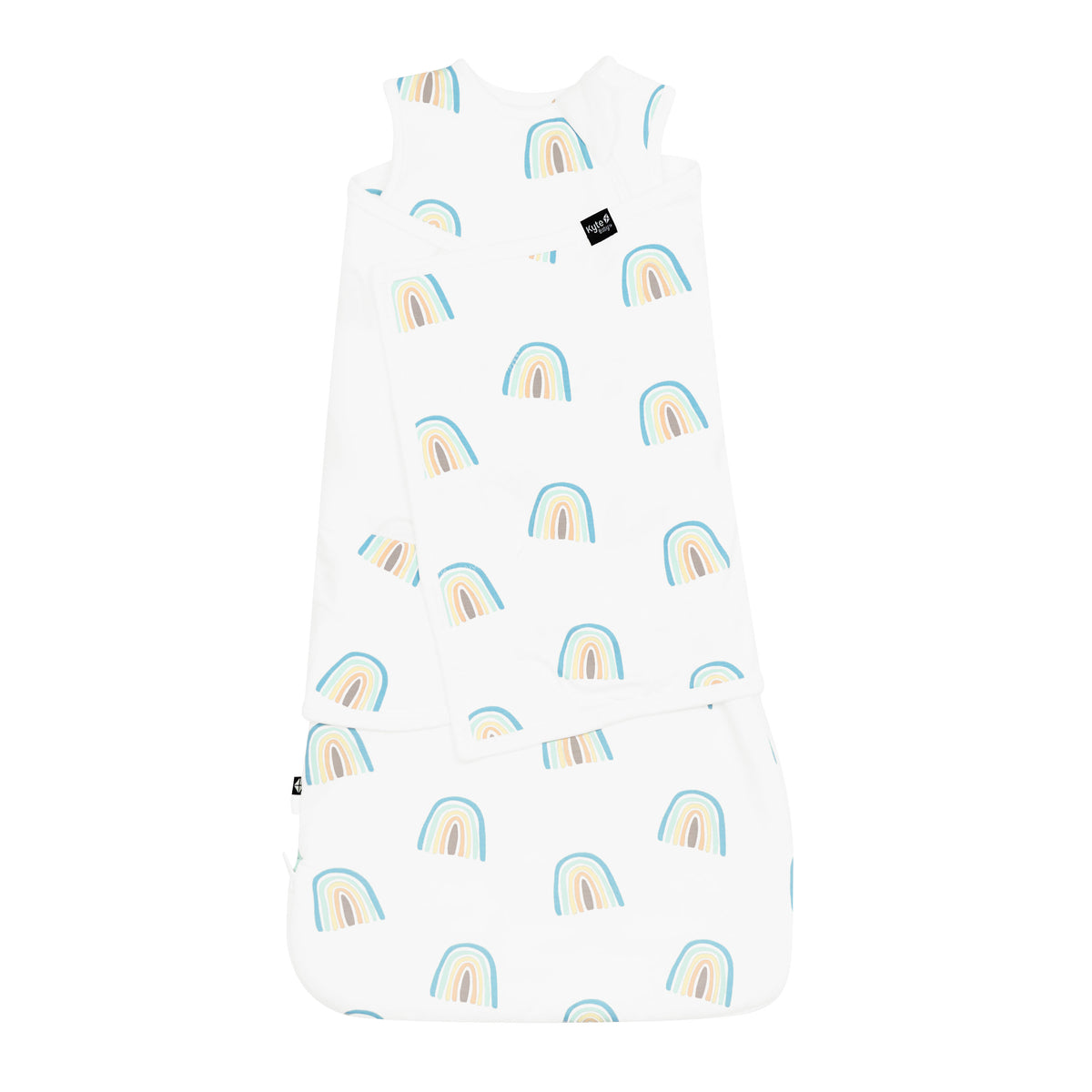 Sleep Bag Swaddler in Makai Rainbow 1.0 shown swaddled