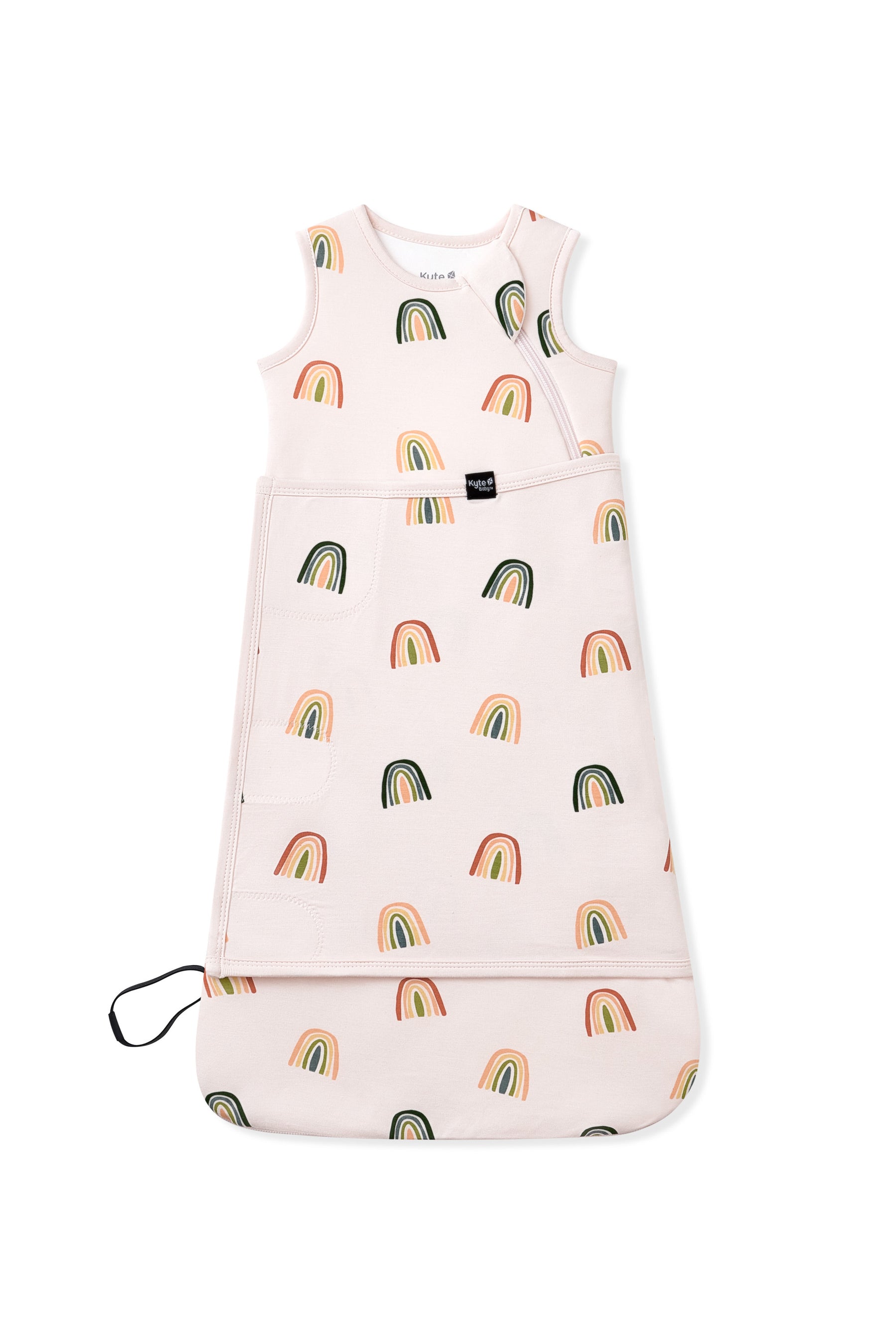 Vanilla cream Sleep Bag Swaddler in Retro Rainbow 1.0 print on a white background