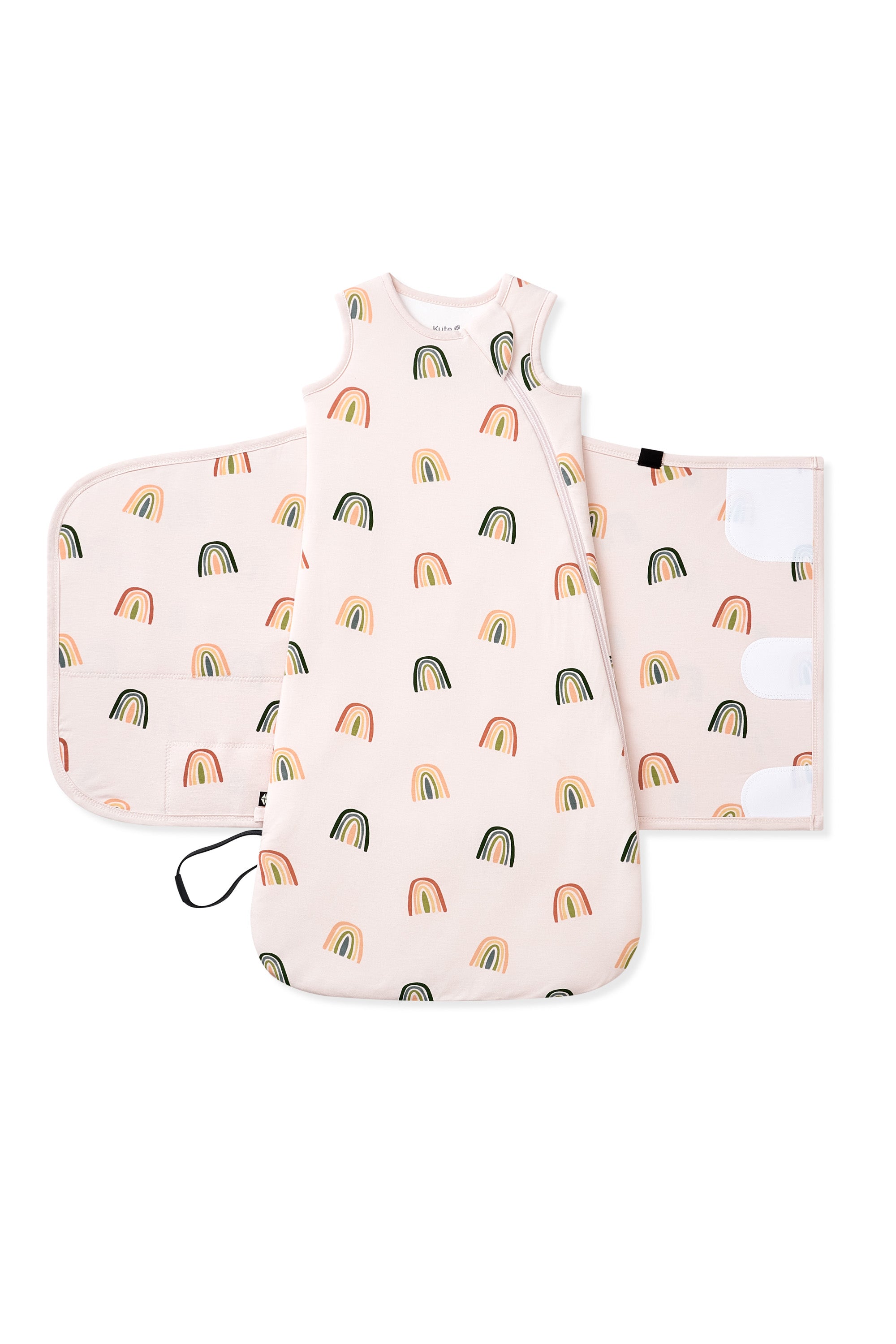 Vanilla Cream Sleep Bag Swaddler in Retro Rainbow 1.0 shown unswaddled on a white background
