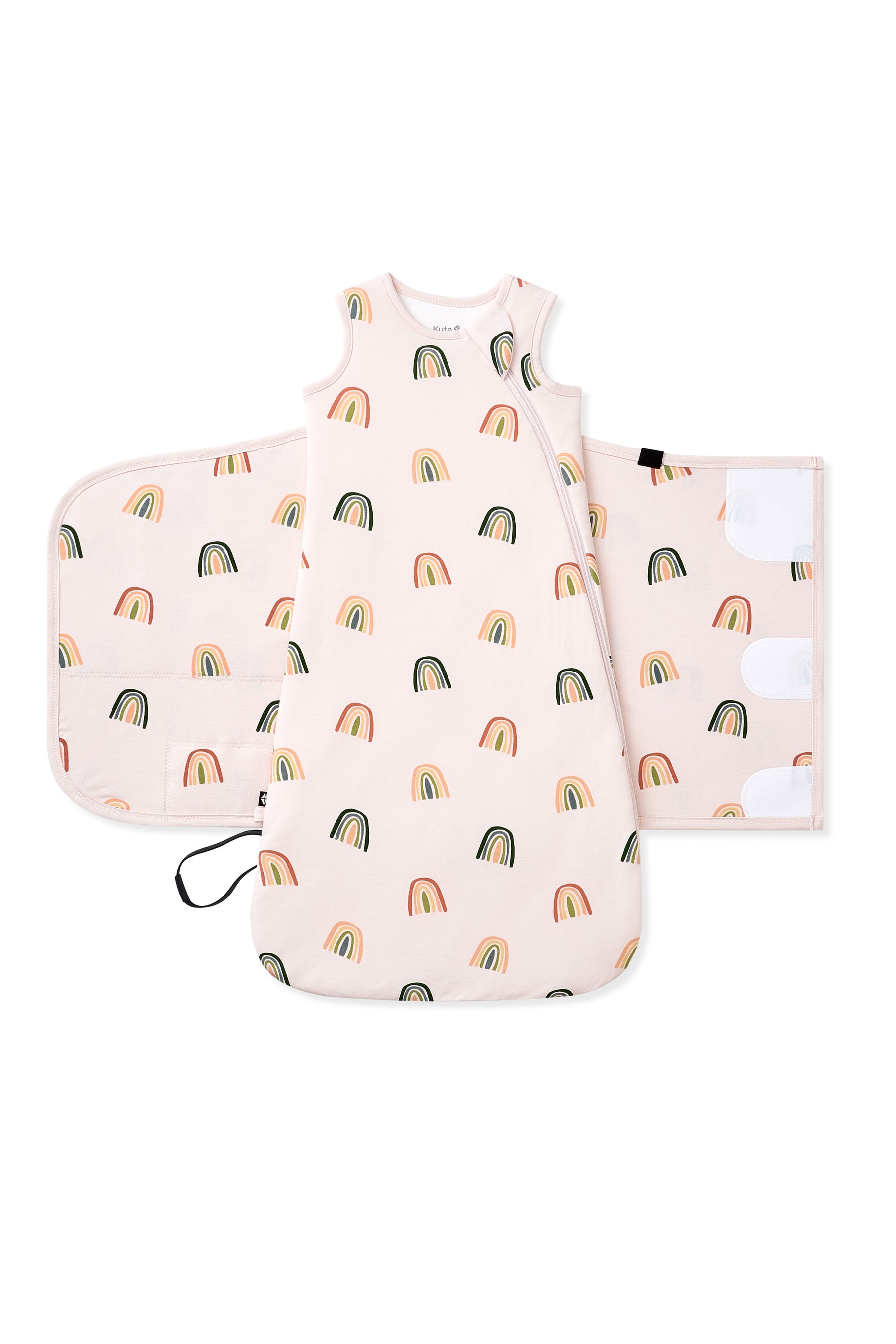 Vanilla Cream Sleep Bag Swaddler in Retro Rainbow 1.0 shown unswaddled on a white background