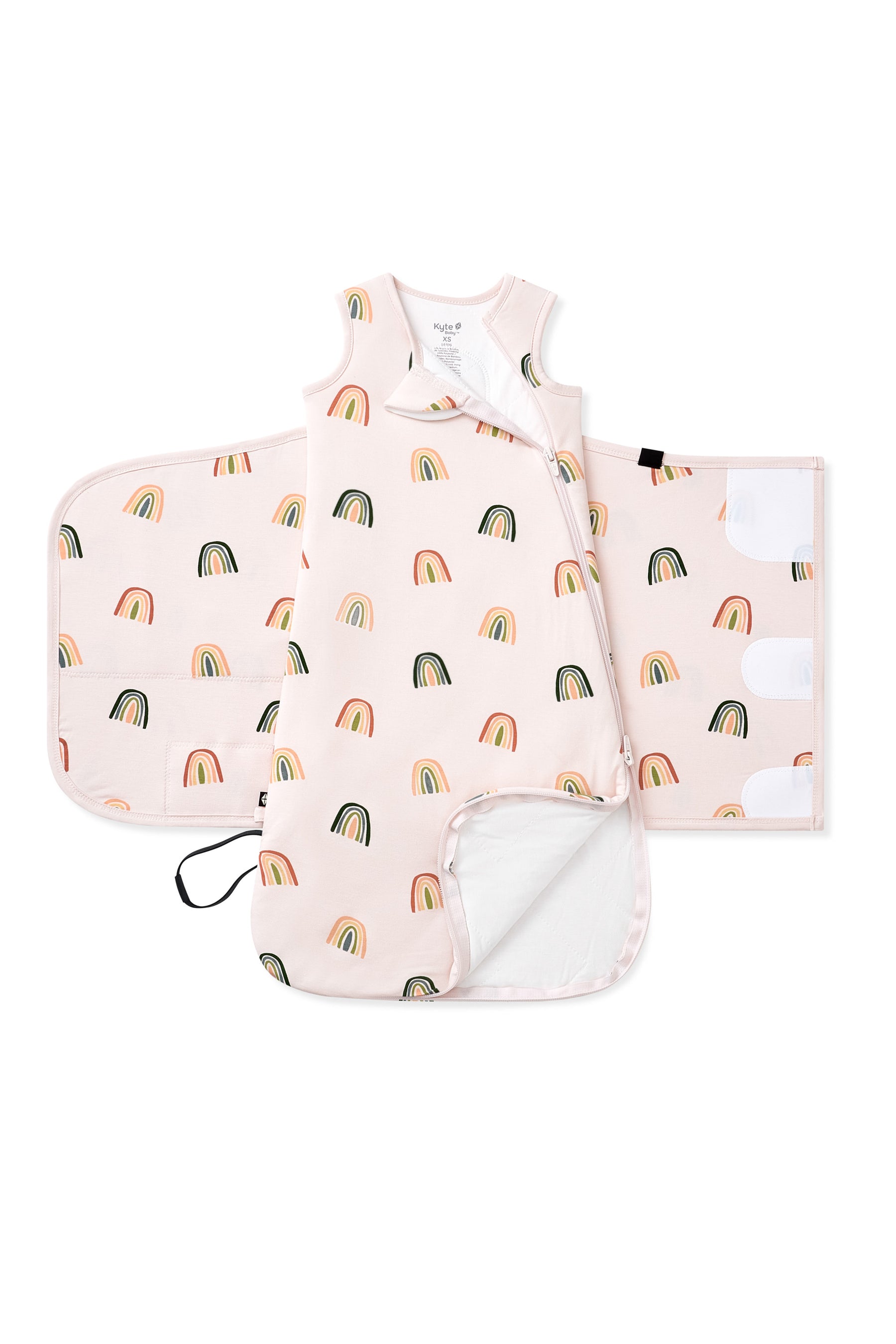The double zipper shown on an unswaddled Sleep Bag Swaddler in Retro Rainbow 1.0 print on a white background