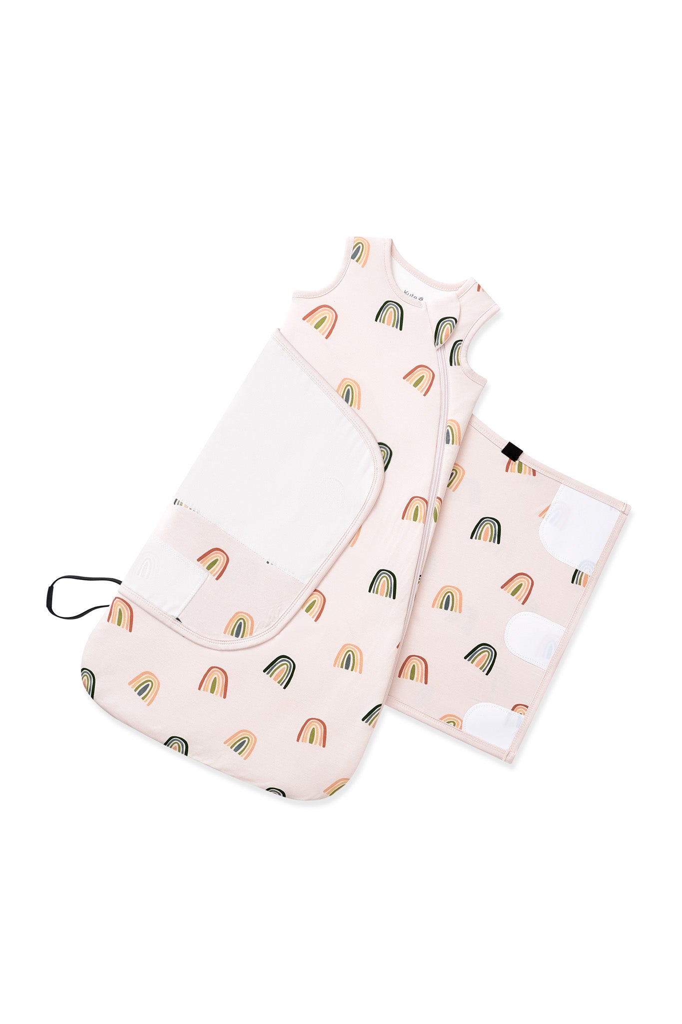 Adjustable velcro swaddle shown on an unswaddled Vanilla Cream Sleep Bag Swaddler in Retro Rainbow 1.0 on a white background