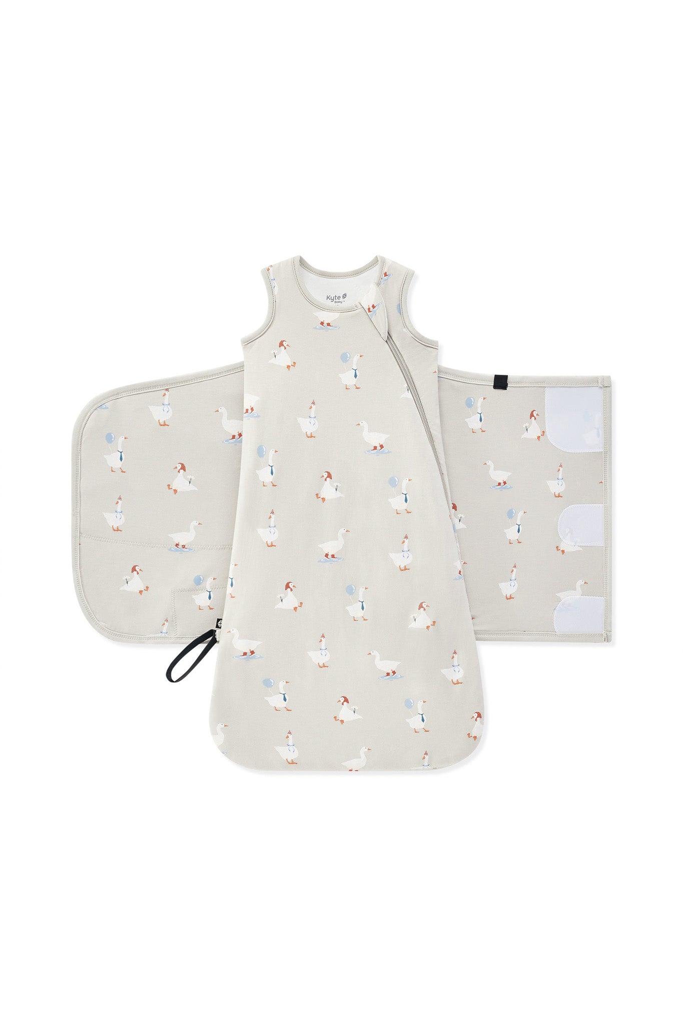 Sleep Bag Swaddler in Oat Silly Goose 1.0 print shown unswaddled on a white background