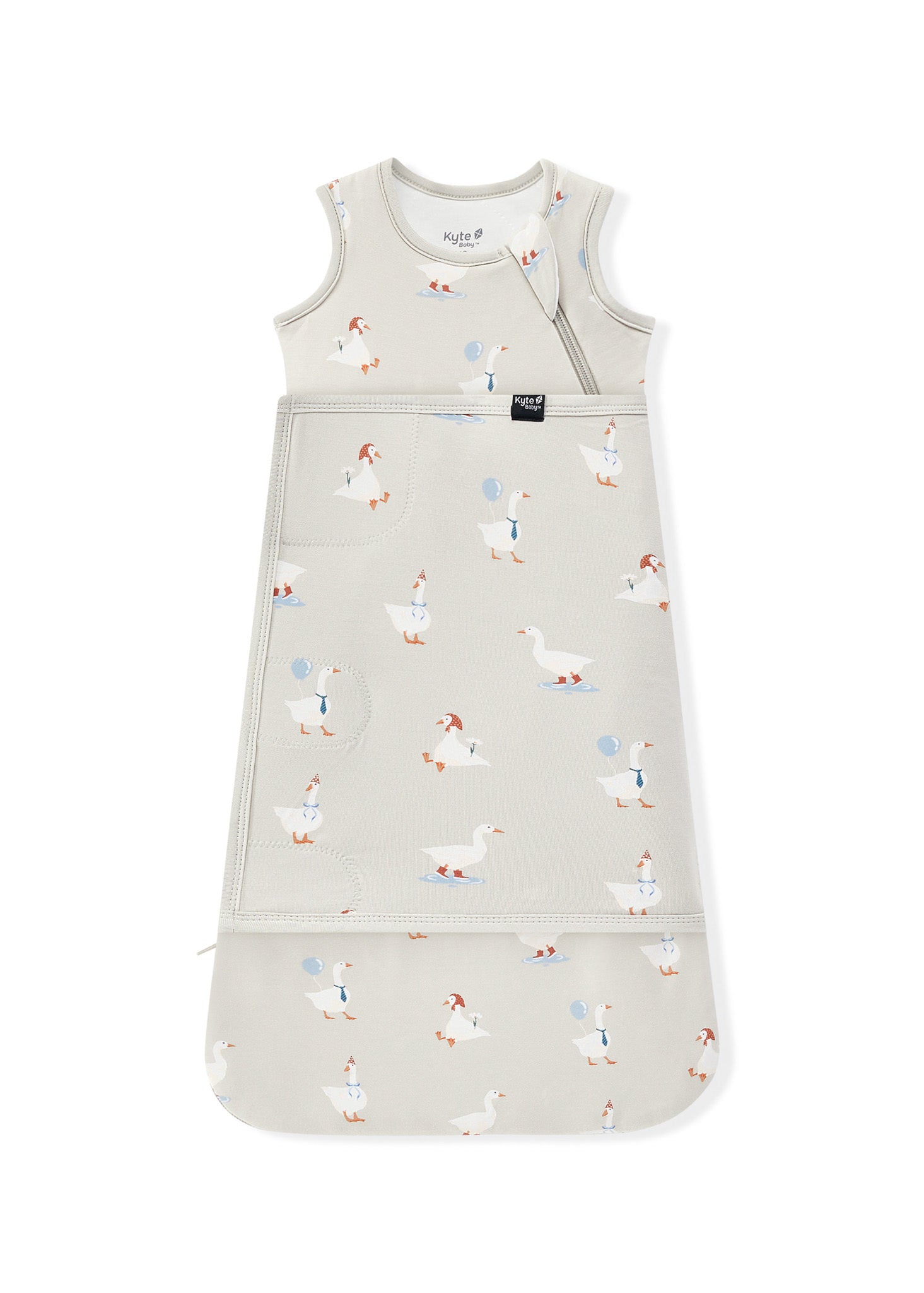 Sleep Bag Swaddler in Oat Silly Goose 1.0 print on a white background