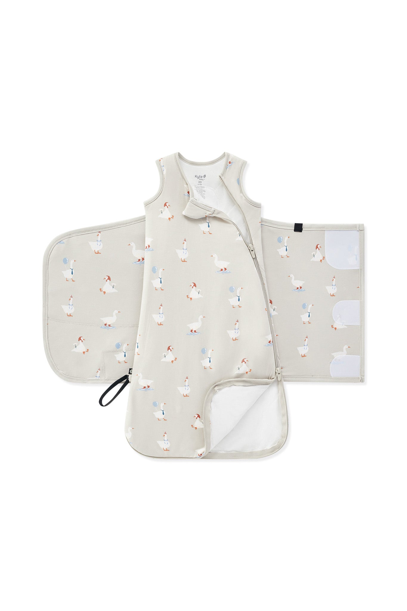 Double zipper shown on an unswaddled Sleep Bag Swaddler in Oat Silly Goose 1.0 print on a white background