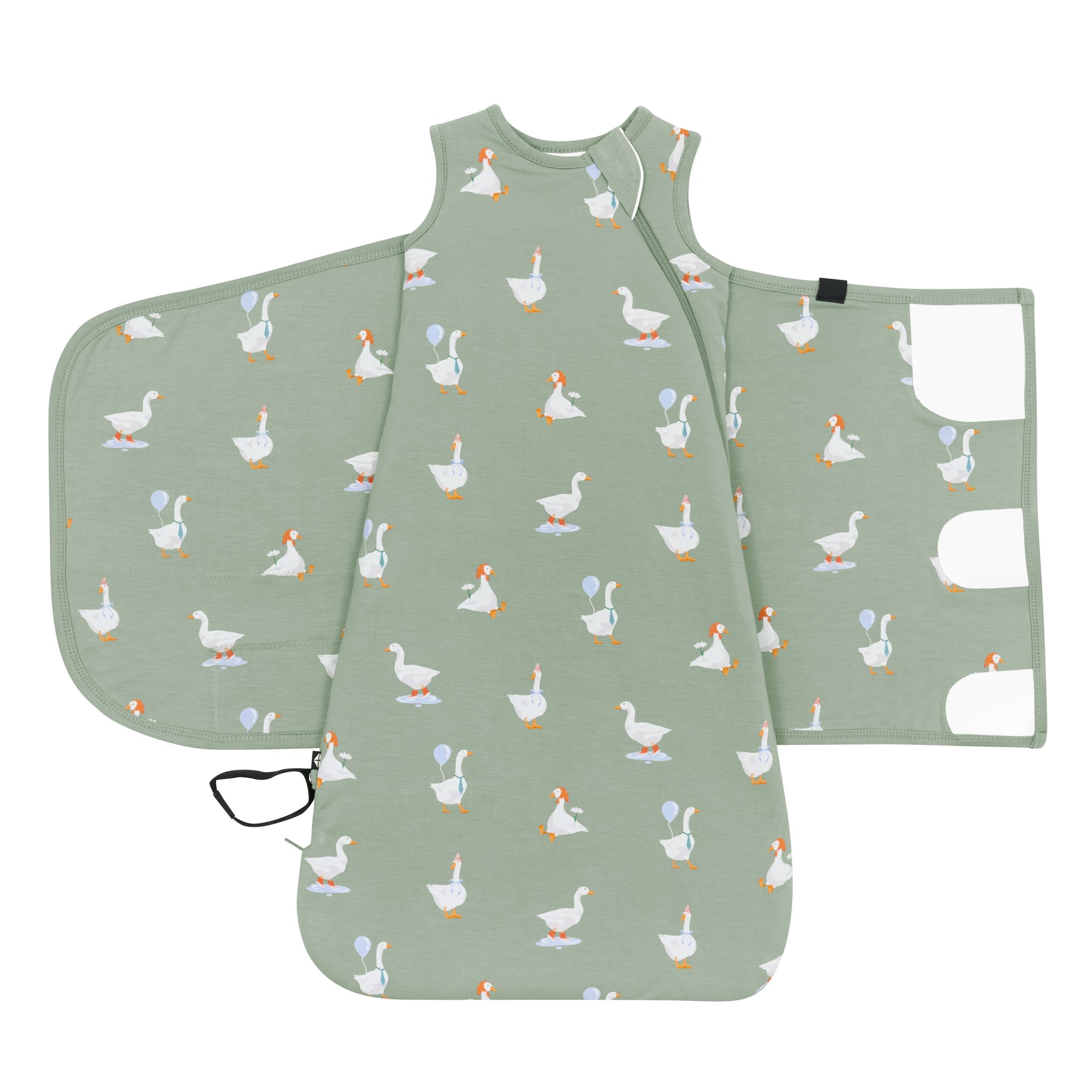 Sleep Bag Swaddler in Silly Goose 1.0 shown unswaddled with the adjustable velcro showing