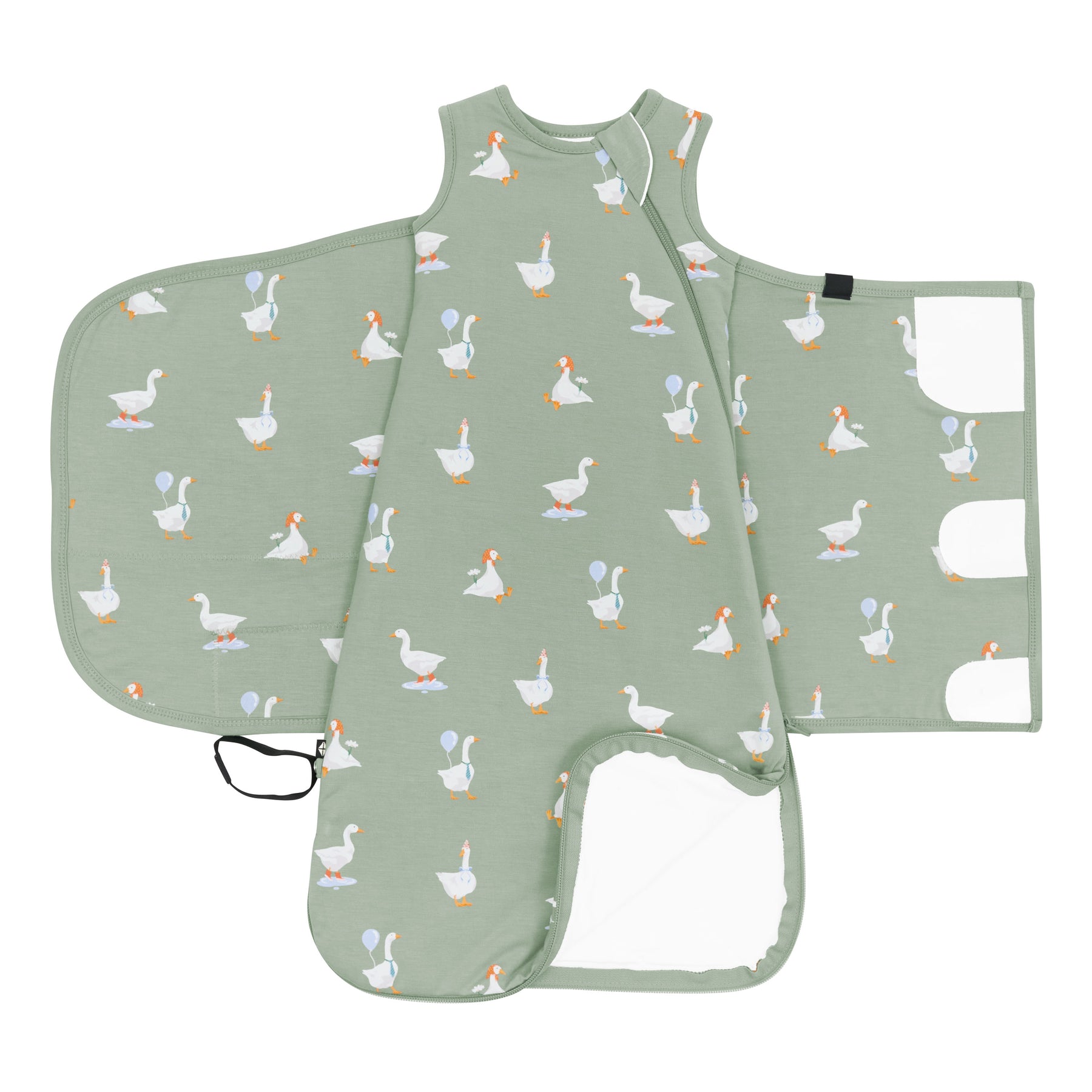 Double zipper shown on an unswaddled Sleep Bag Swaddler in Silly Goose 1.0