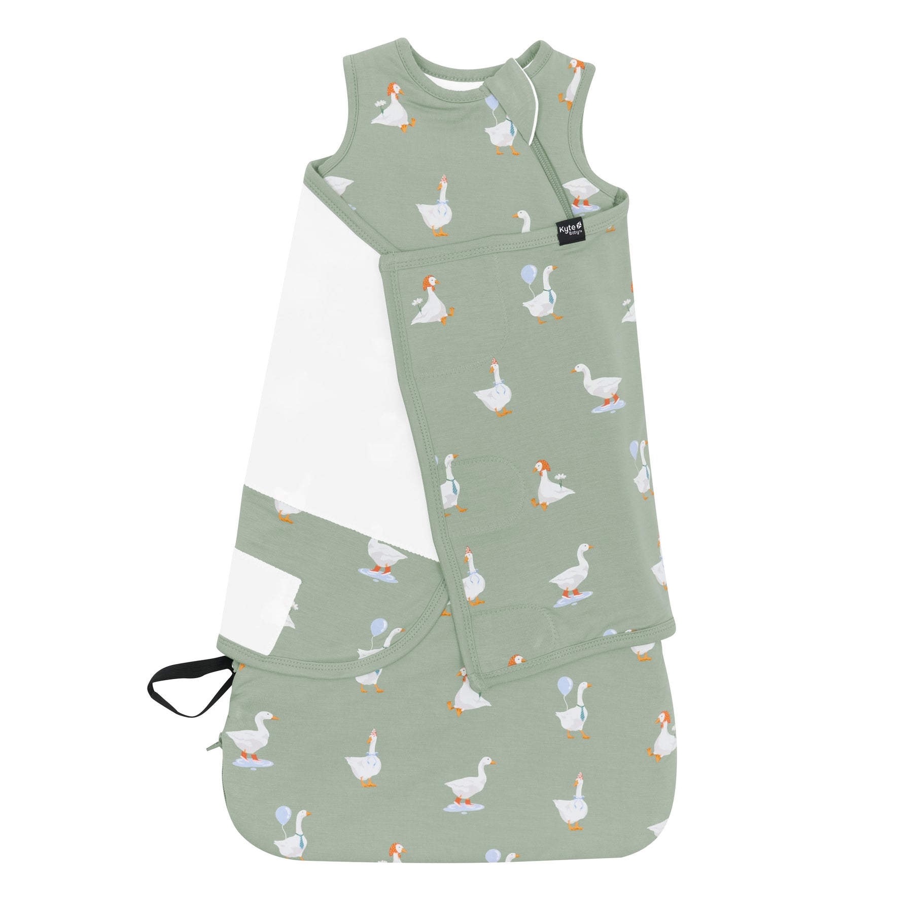 Product photo of the Sleep Bag Swaddler in Silly Goose 1.0 shown swaddled