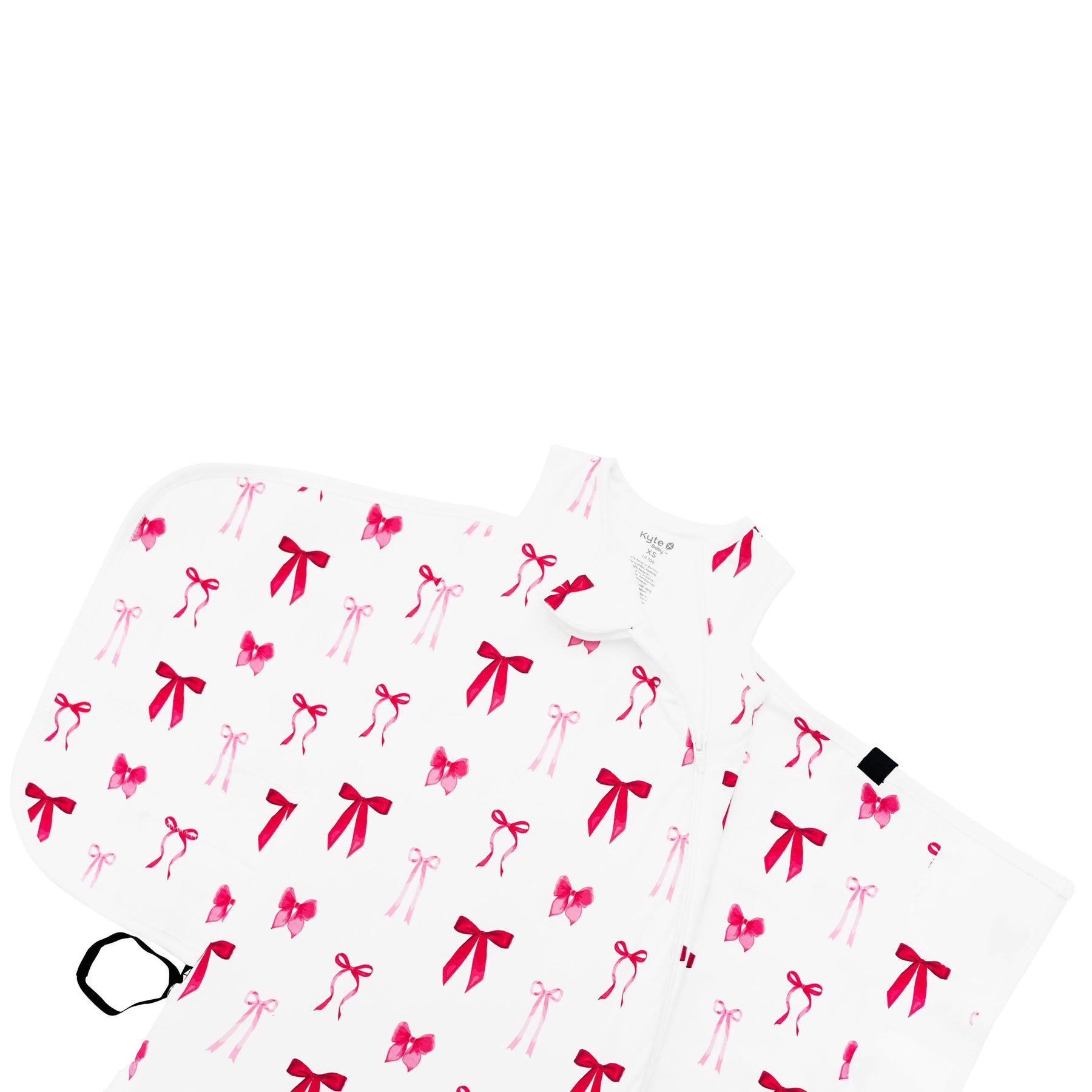 Close up of the zipper garage and top zipper shown on an unswaddled Sleep Bag Swaddler in Small Love Bow 1.0