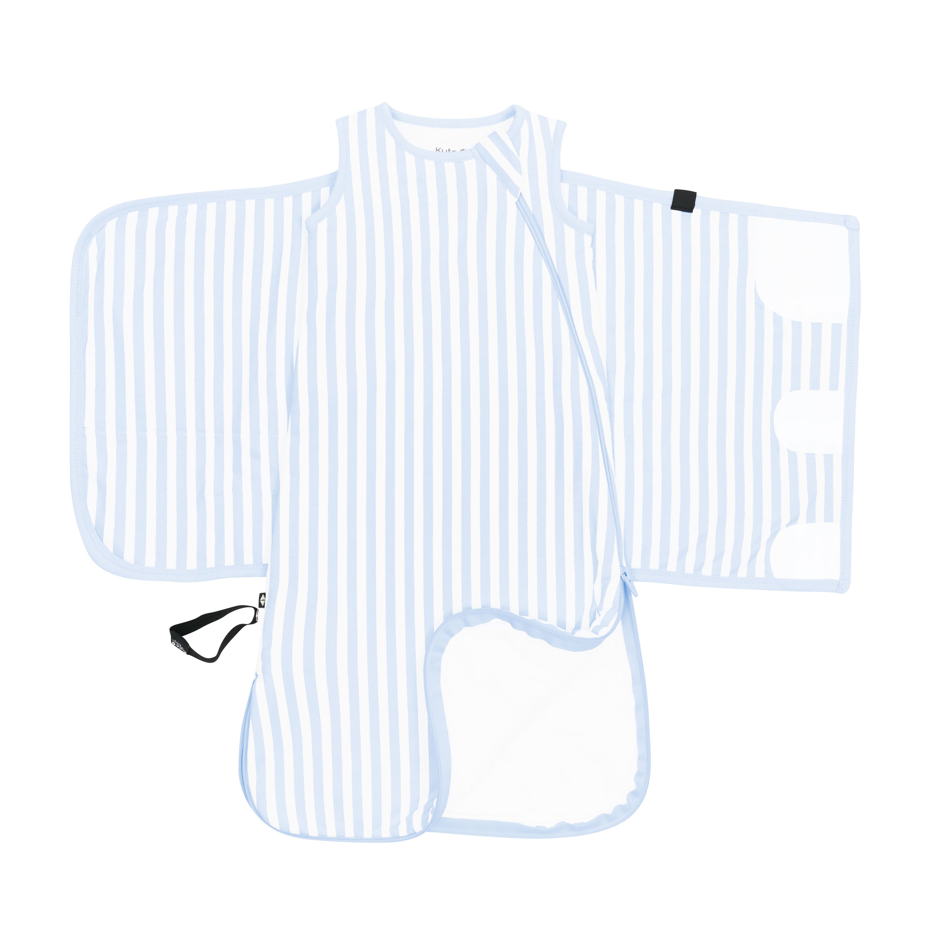 Double zipper system shown on an unswaddled Sleep Bag Swaddler in Small Mist Stripe 1.0 