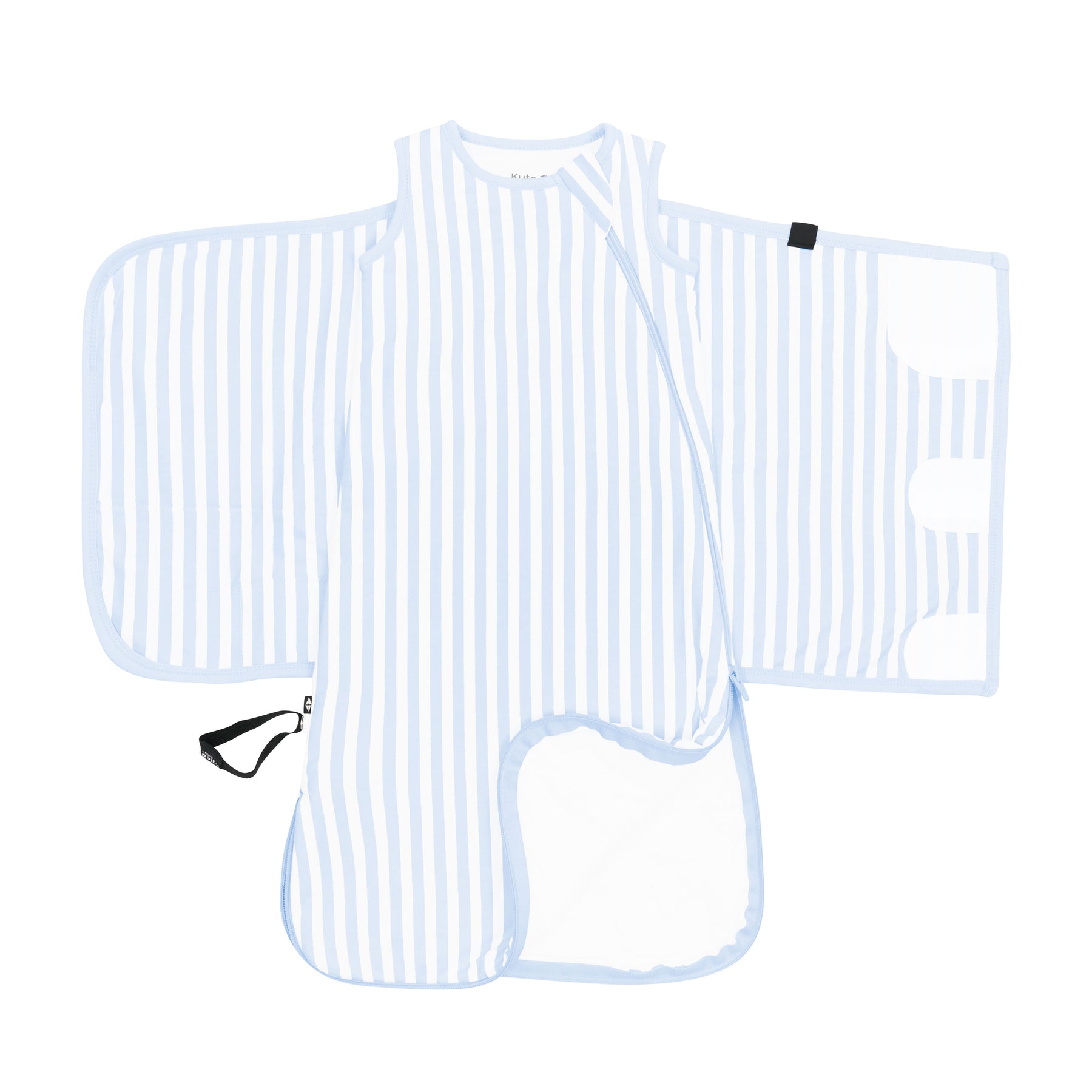 Double zipper system shown on an unswaddled Sleep Bag Swaddler in Small Mist Stripe 1.0 
