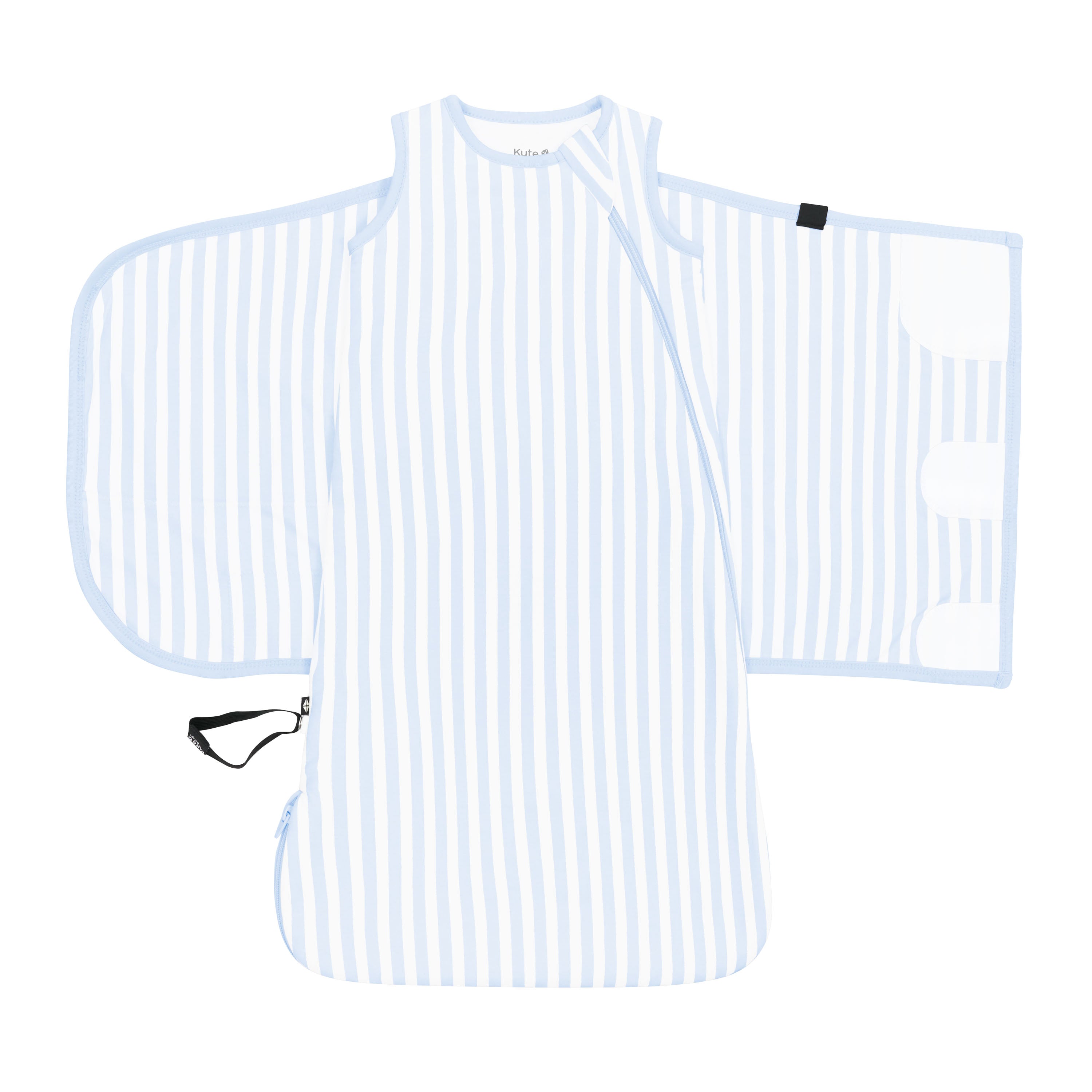 Adjustable velcro shown on an unswaddled Sleep Bag Swaddler in Small Mist Stripe 1.0 