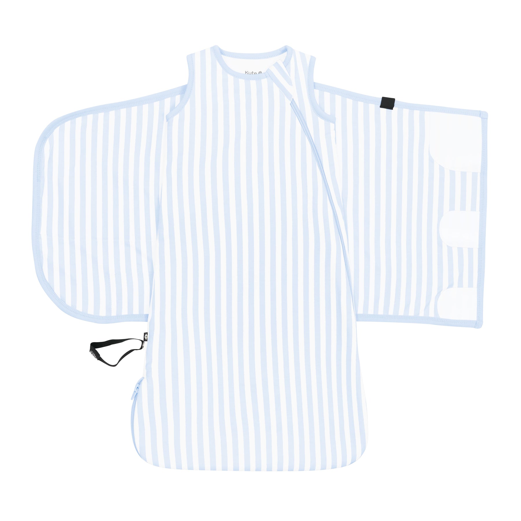 Adjustable velcro shown on an unswaddled Sleep Bag Swaddler in Small Mist Stripe 1.0 