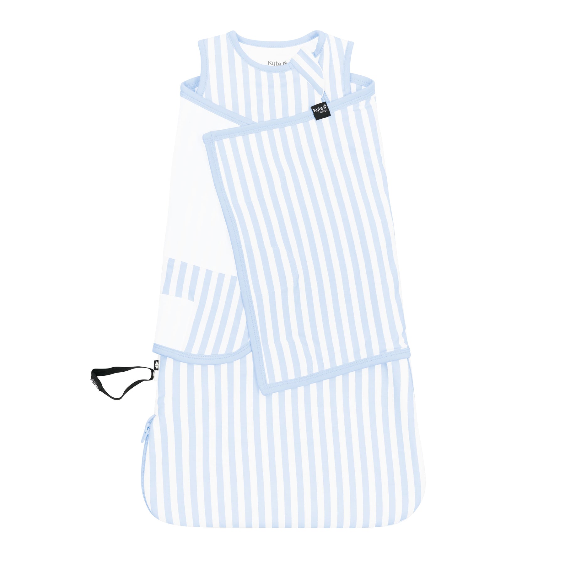 Sleep Bag Swaddler in Small Mist Stripe 1.0 shown swaddled
