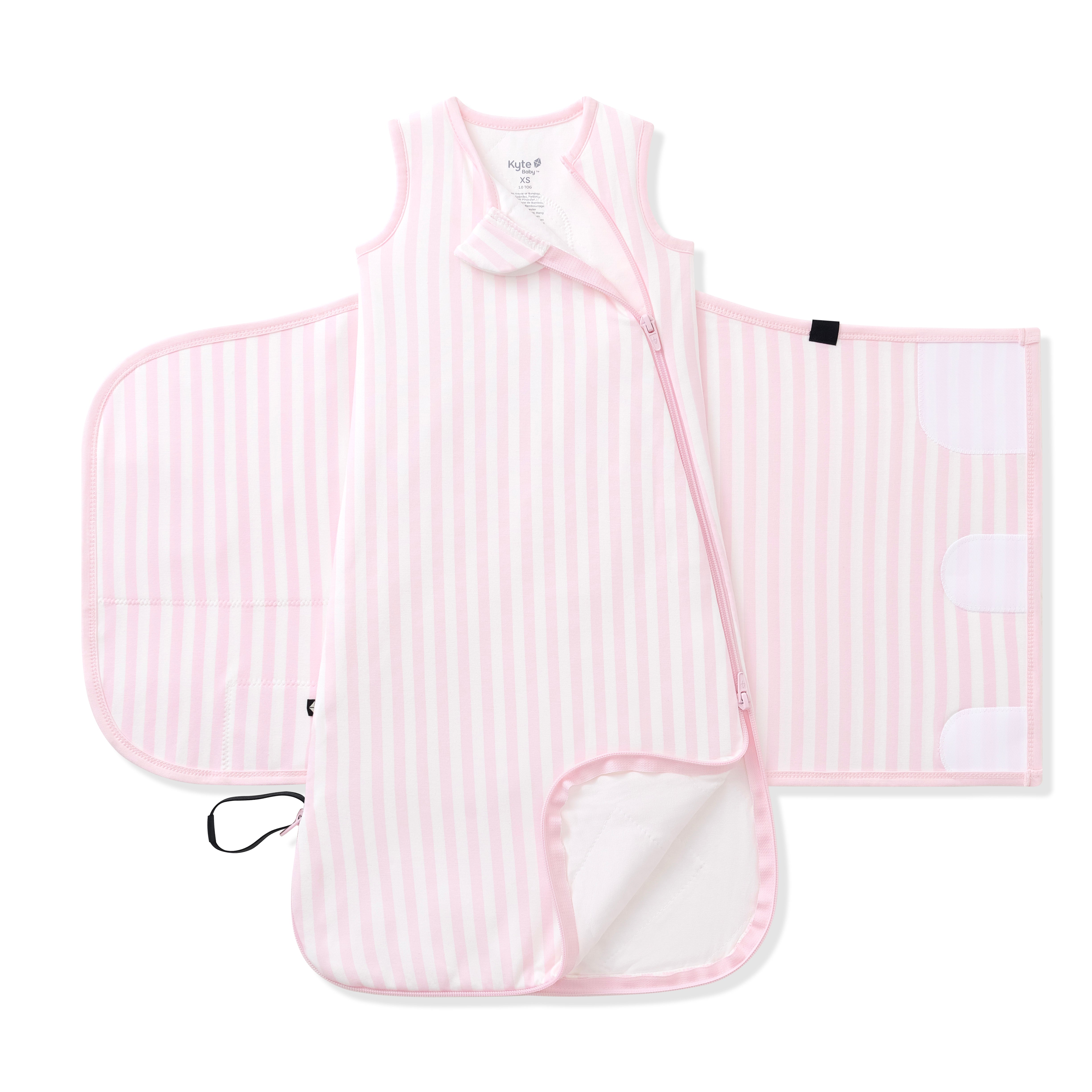 Adjustable velcro wrap and double zipper system shown on a unswaddled Sleep Bag Swaddler in Small Sakura Stripe 1.0