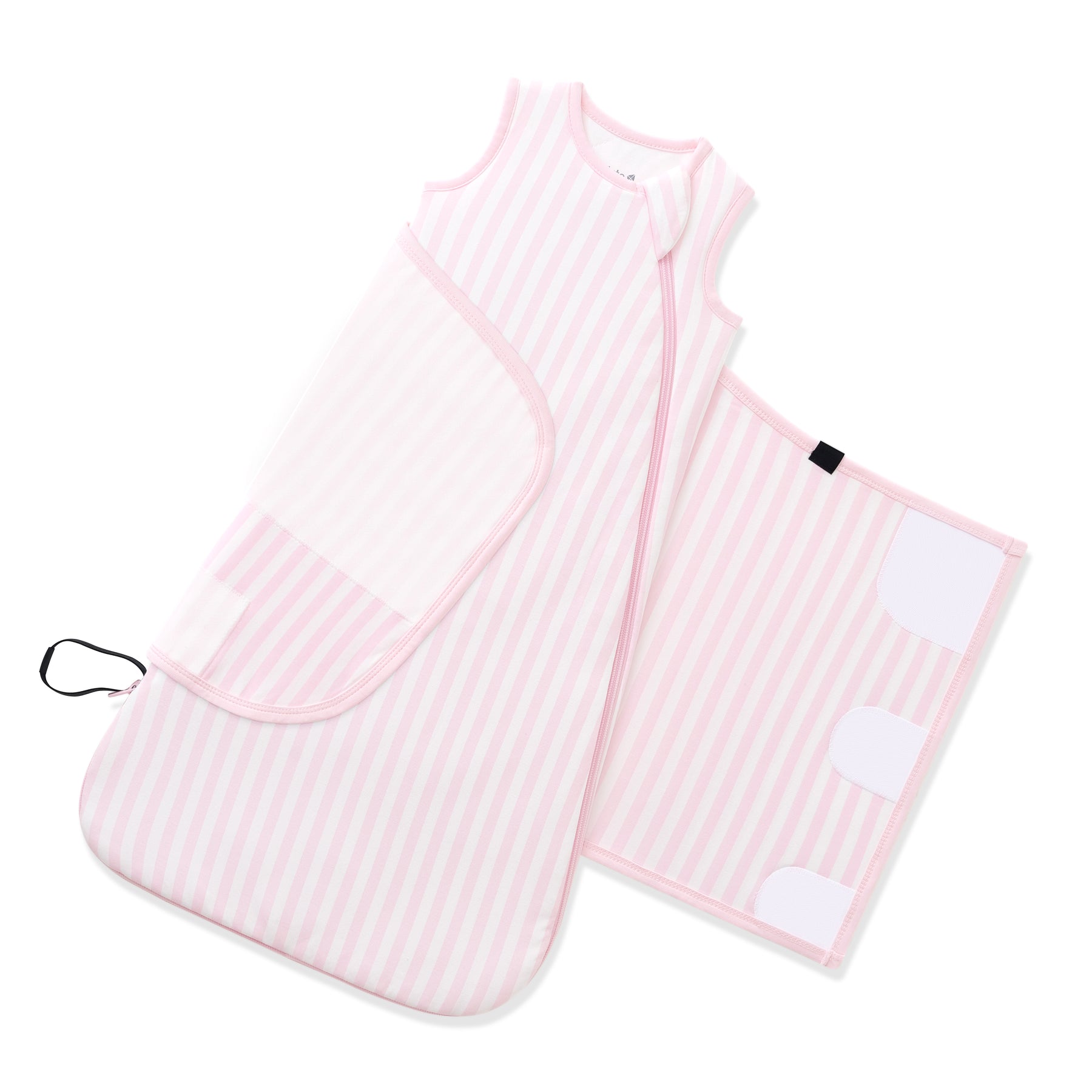 Sleep bag and adjustable velcro wrap shown on an unswaddled Sleep Bag Swaddler in Small Sakura Stripe 1.0