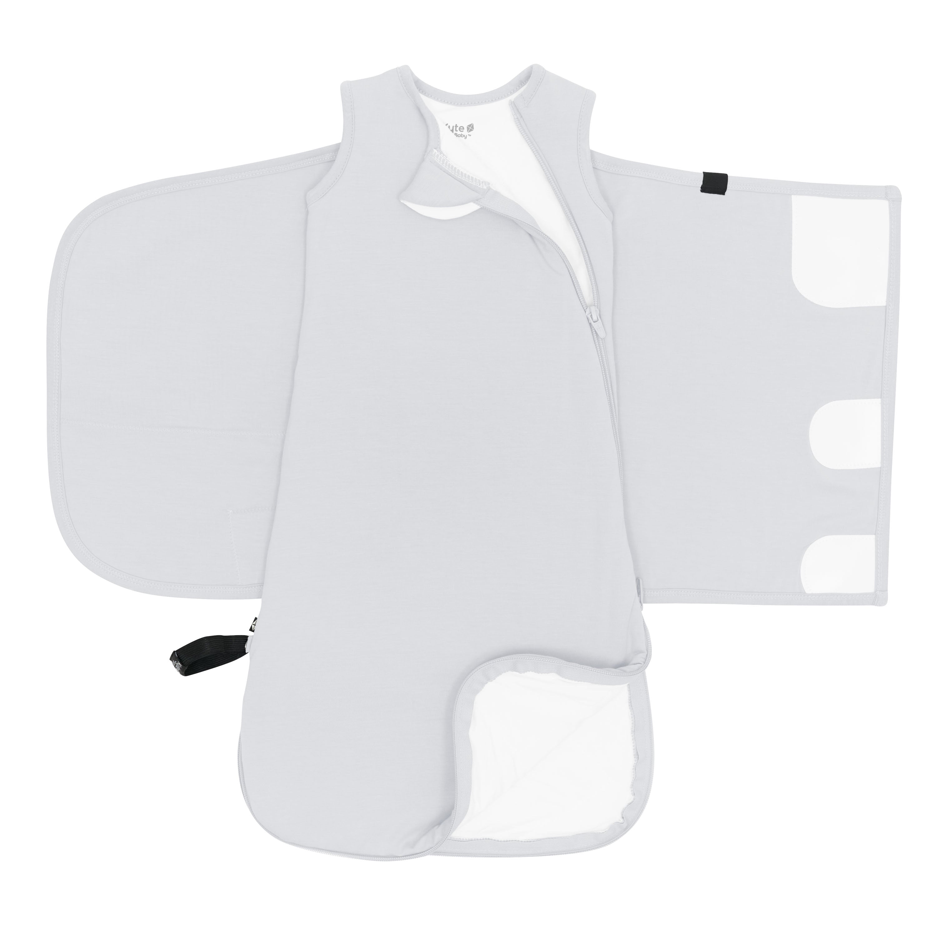 Zipper garage, double zipper and adjustable velcro swaddle wrap shown on the Sleep Bag Swaddler in Storm 1.0