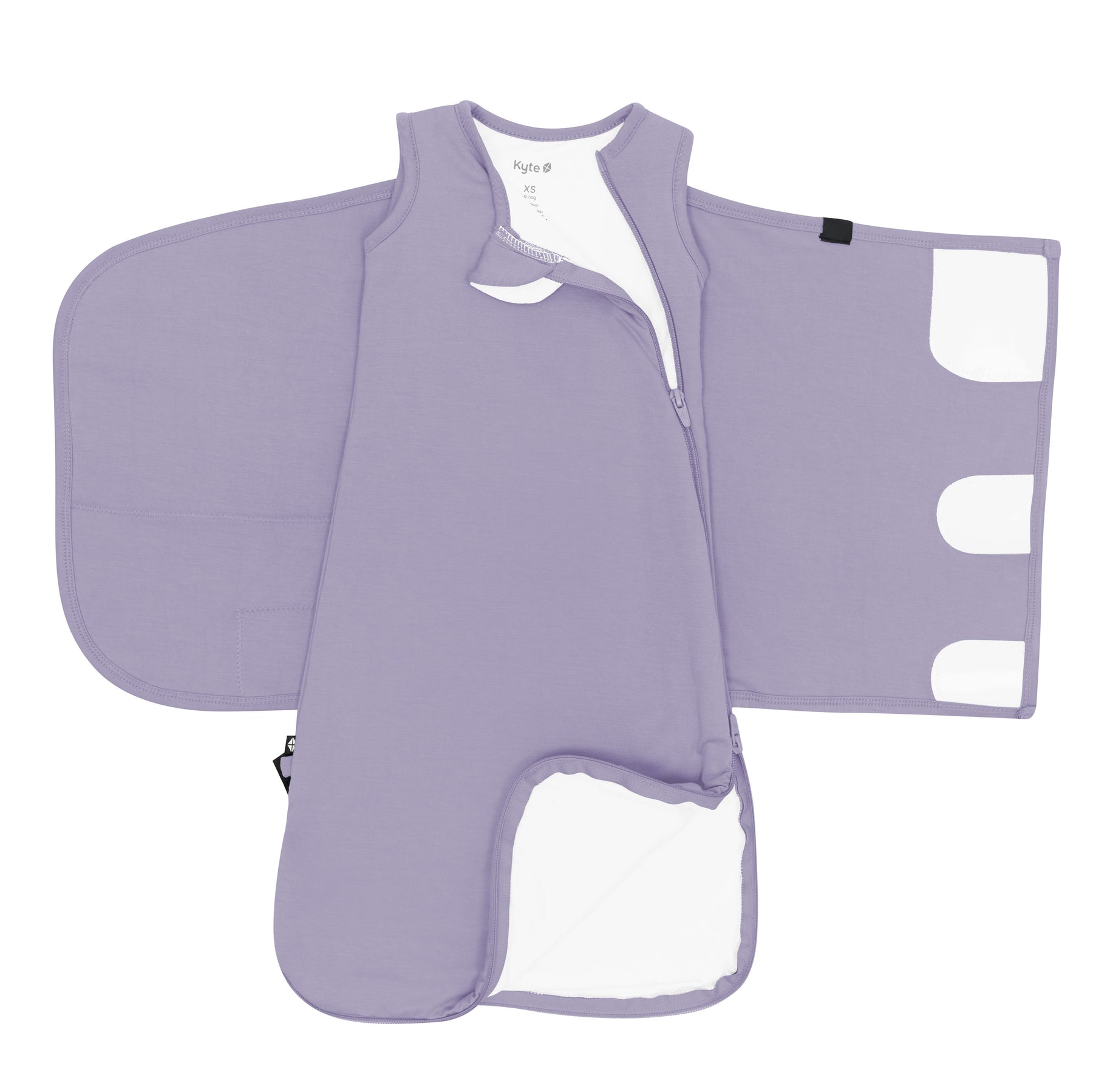 Zipper garage, double zipper and adjustable velcro swaddle wrap shown on an unswaddled Sleep Bag Swaddler in Taro 1.0