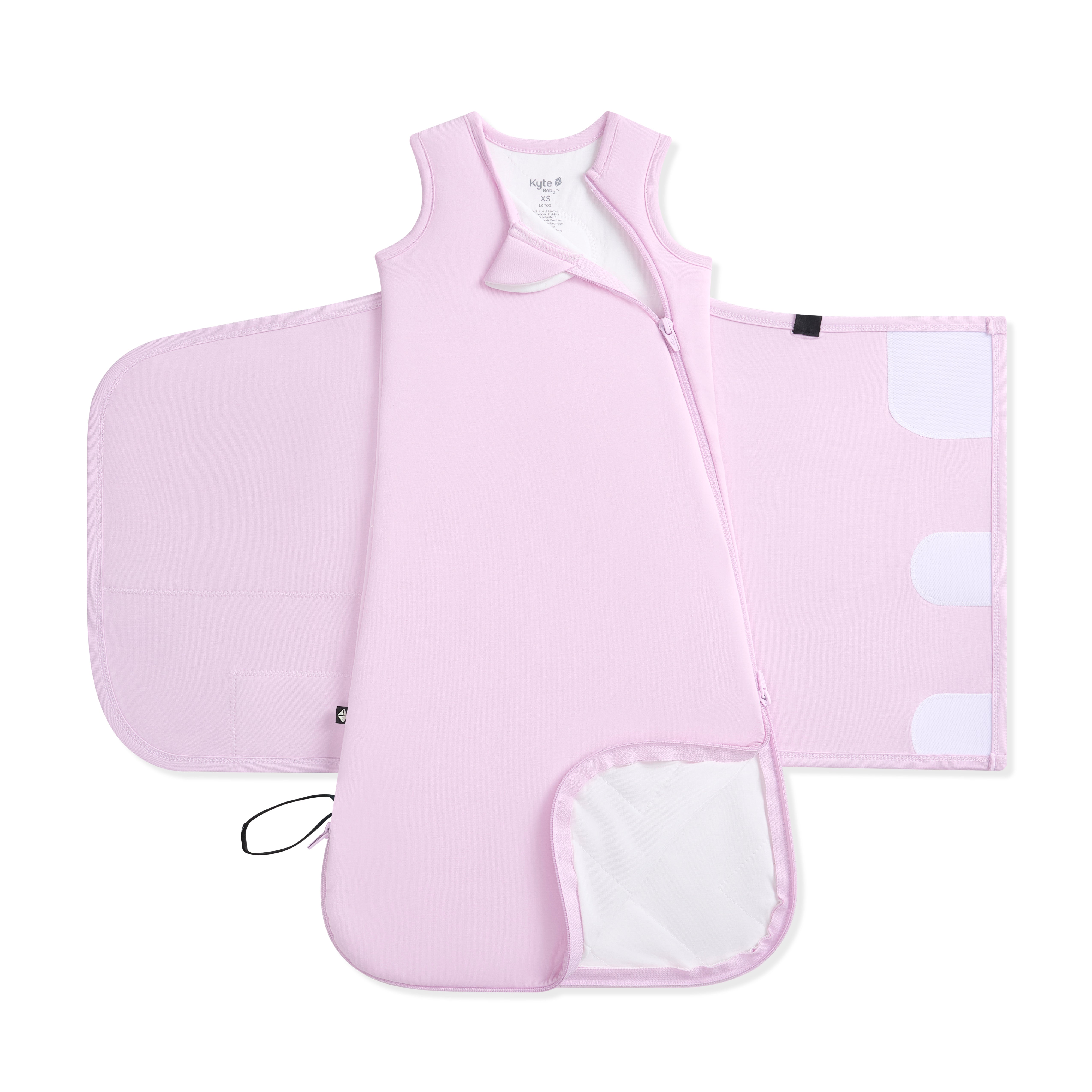 Purple baby sleep bag swaddler on a white background showing dual zipper