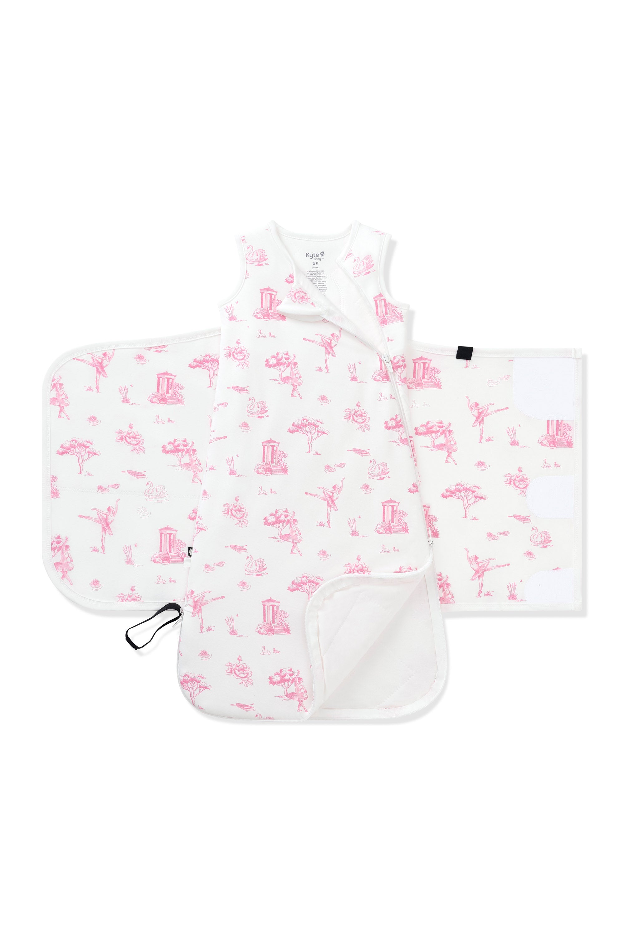 The double zipper shown on an unswaddled Sleep Bag Swaddler in Toile Ballet 1.0