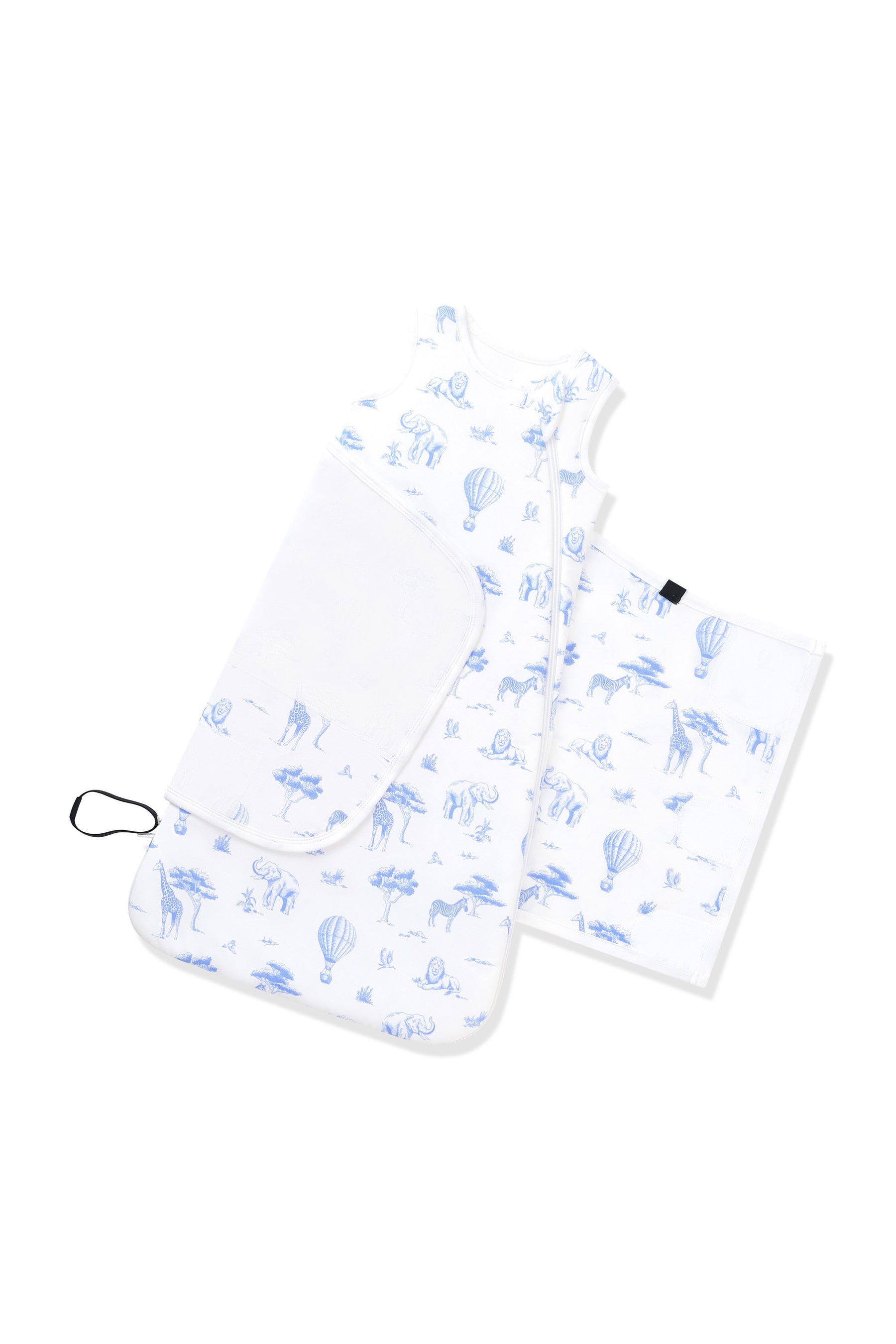 The adjustable velcro swaddle wrap on the Sleep Bag Swaddler in Toile Safari 1.0