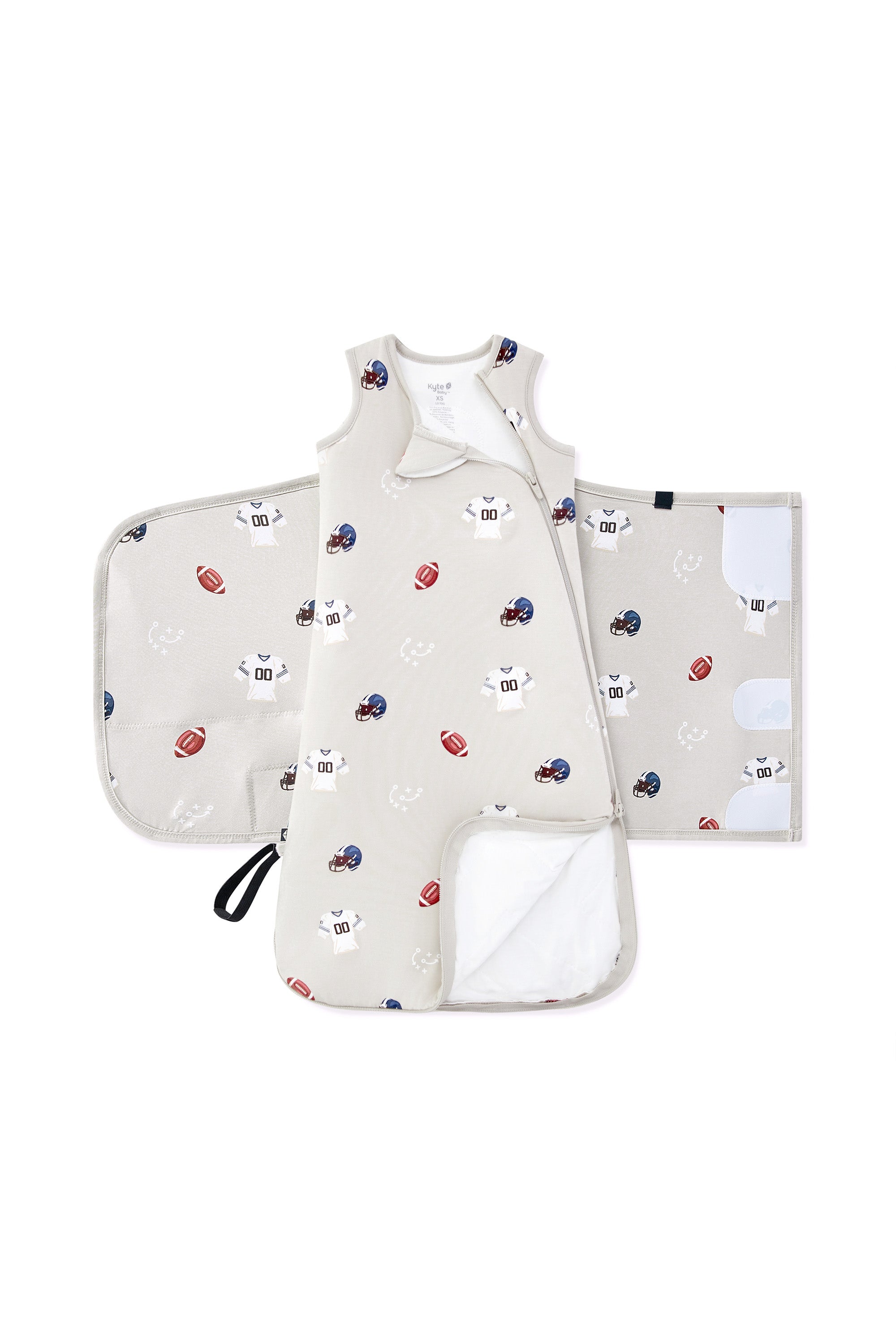 Double zipper shown on an unswaddled Sleep Bag Swaddler in Vintage Football 1.0 print on a white background