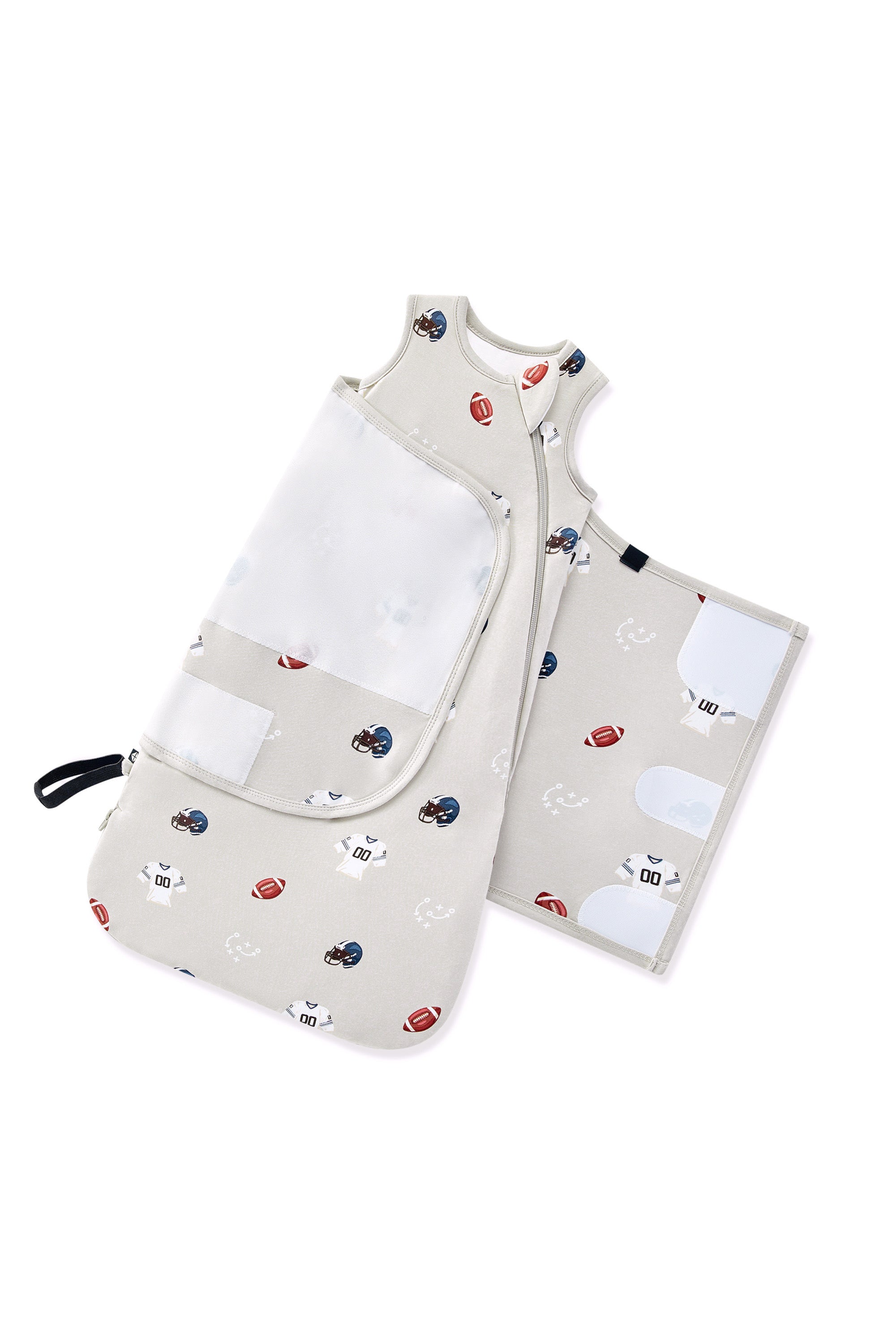 Adjustable velcro strap shown on an unswaddled Sleep Bag Swaddler in Vintage Football 1.0 print on a white background