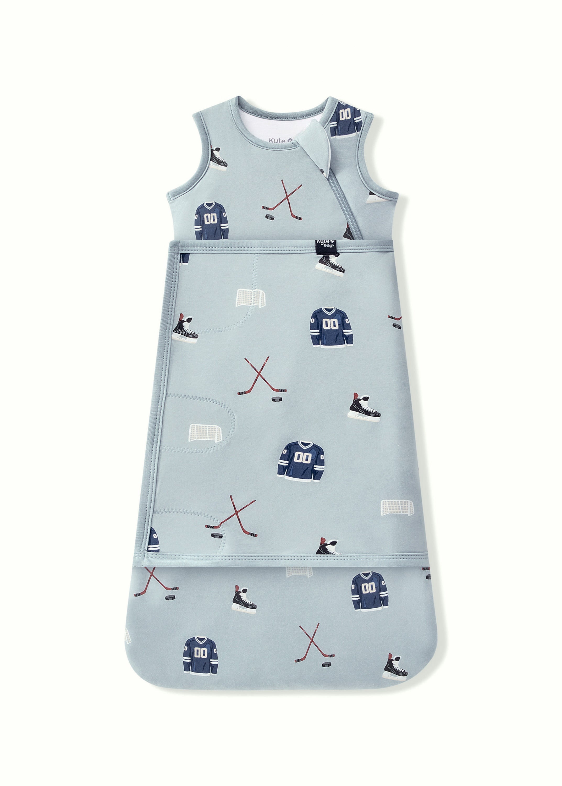 Sleep Bag Swaddler in Vintage Hockey 1.0 print on a white background