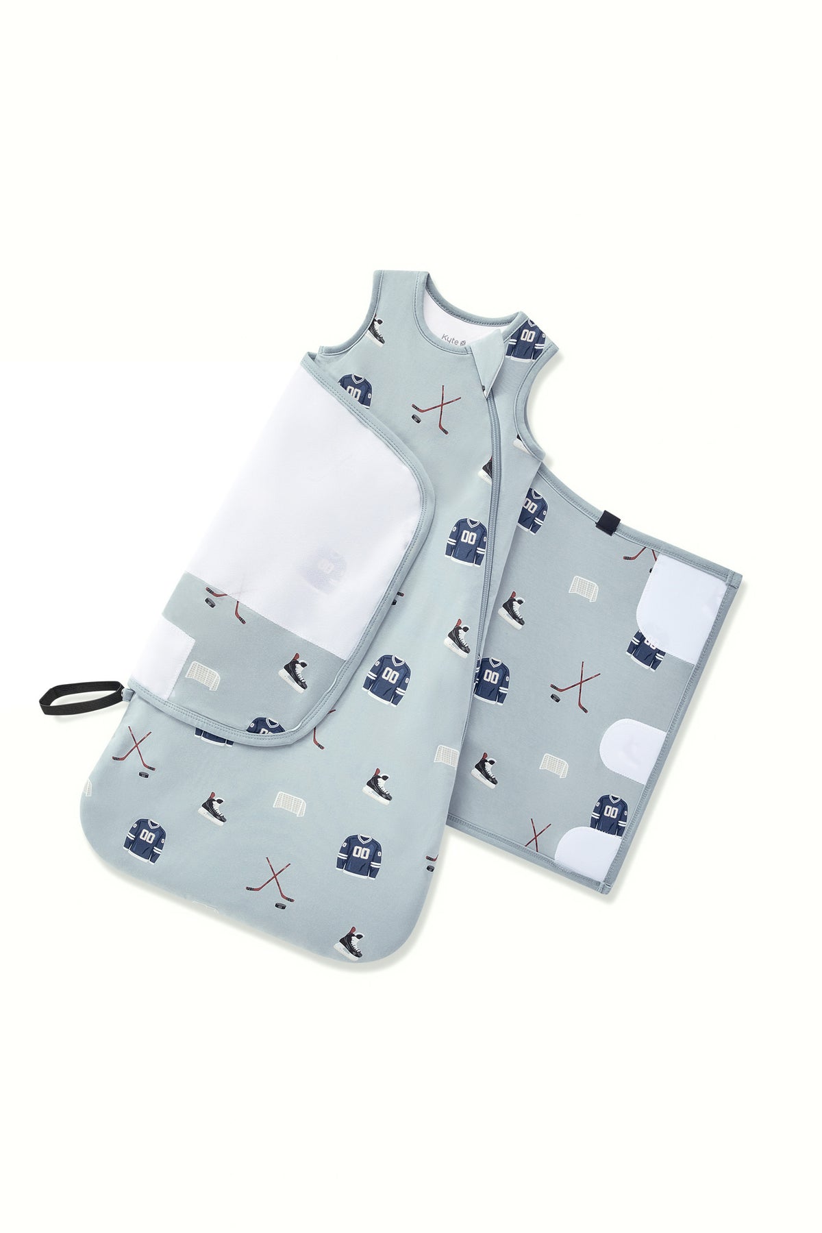 Adjustable velcro strap shown on an unswaddled Sleep Bag Swaddler in Vintage Hockey 1.0 print on a white background