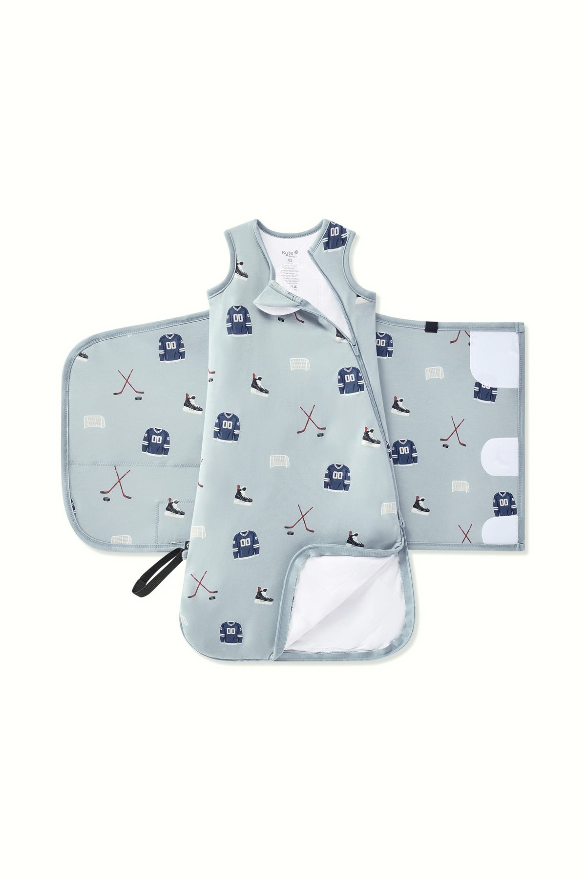 Double zipper shown on an unswaddled Sleep Bag Swaddler in Vintage Hockey 1.0 print on a white background